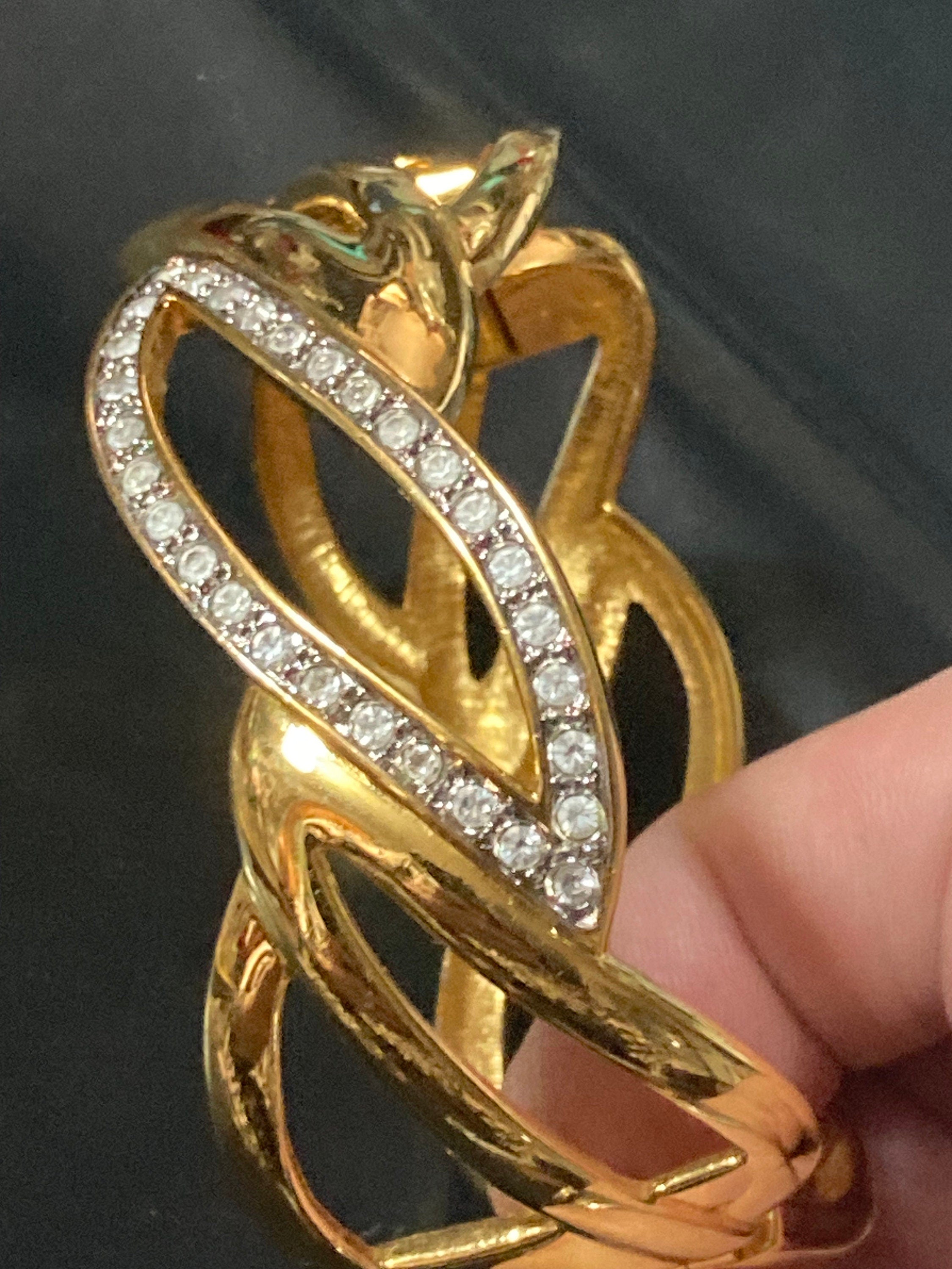 designer MONET signed gold tone wide crystal diamanté set high end clamper bangle bracelet gold tone