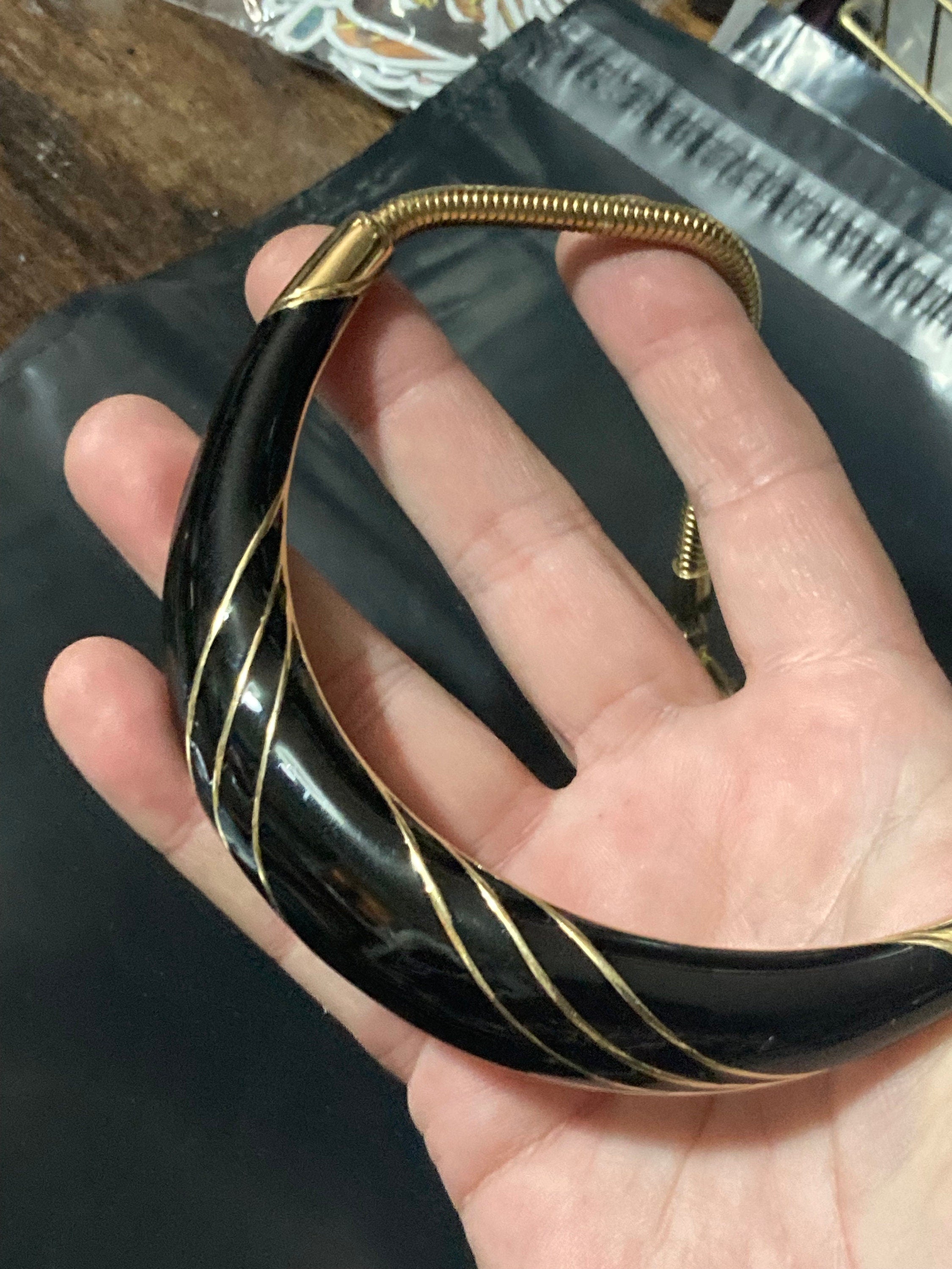 Vintage gold tone and black enamel Snake chain collar necklace
