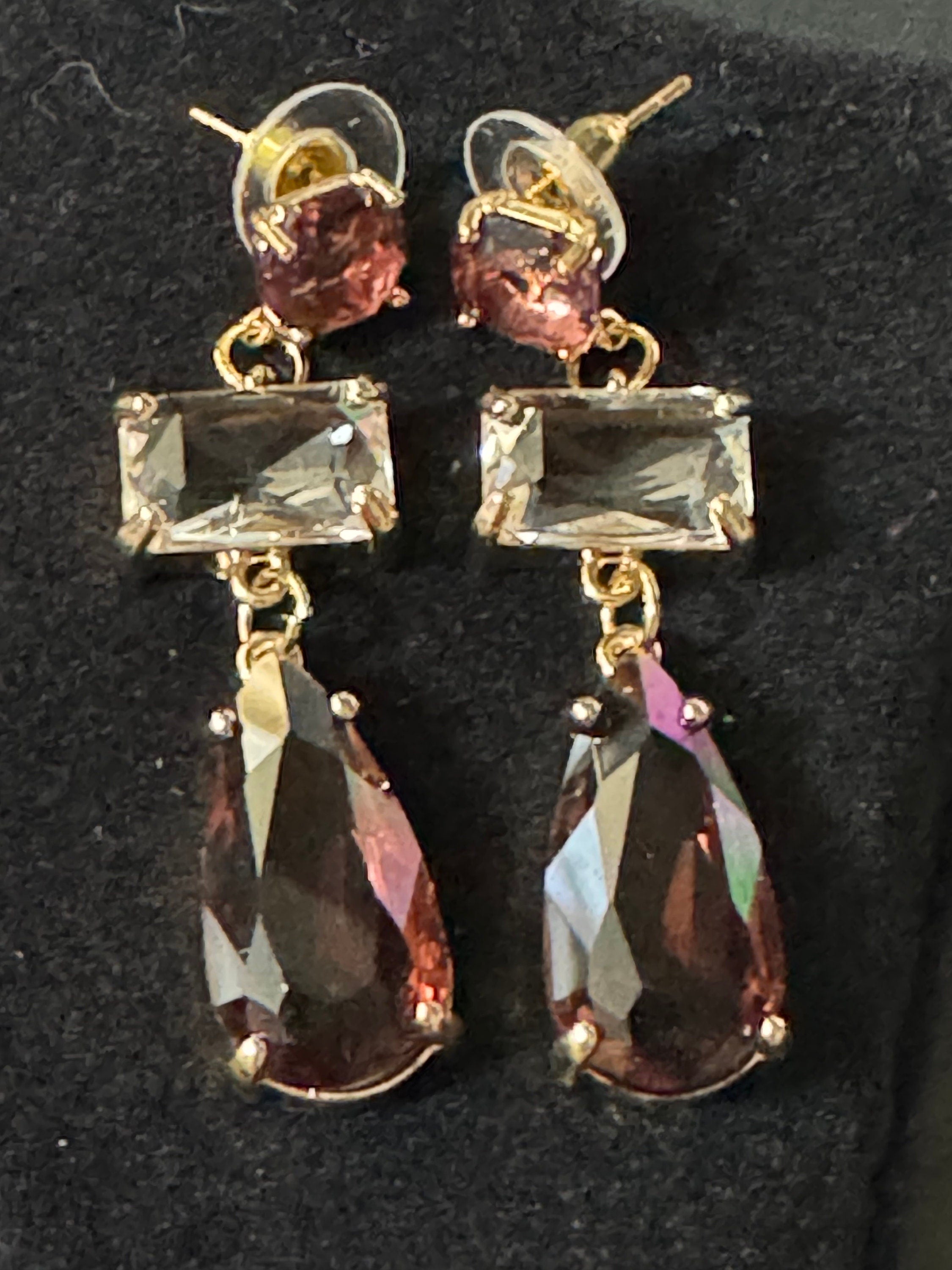 18k gold plated amethyst purple and clear long Crystal diamanté teardrop earrings