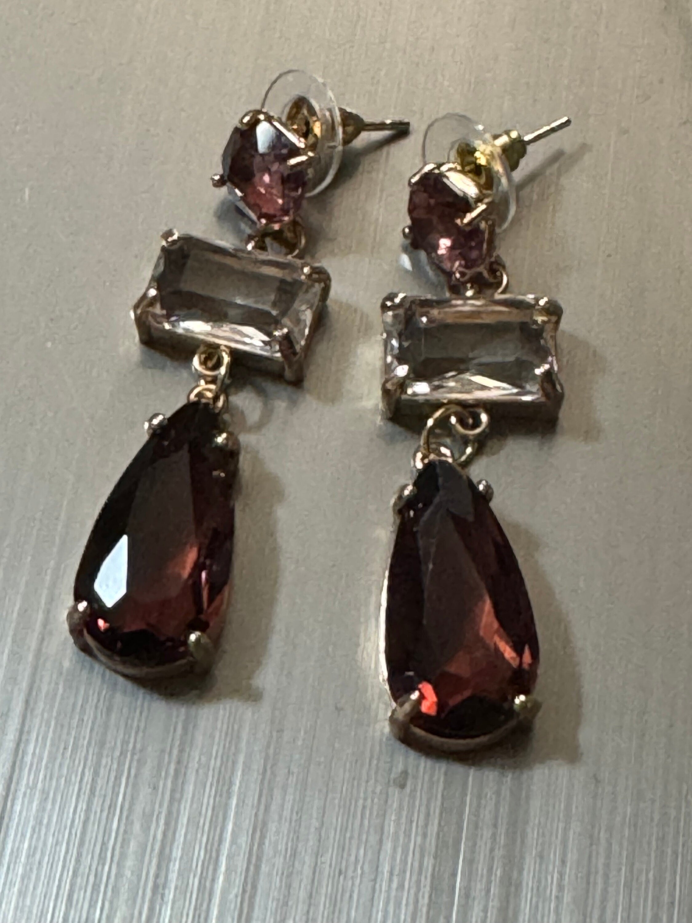 18k gold plated amethyst purple and clear long Crystal diamanté teardrop earrings