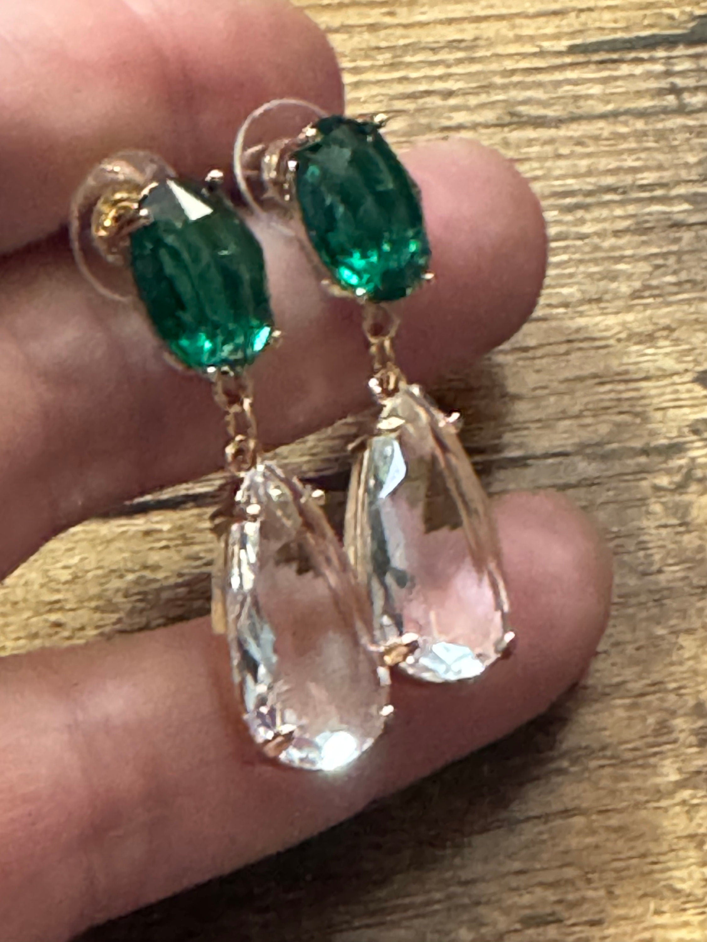 18k Gold plated emerald green clear crystal diamanté rhinestone dangly long drop earrings