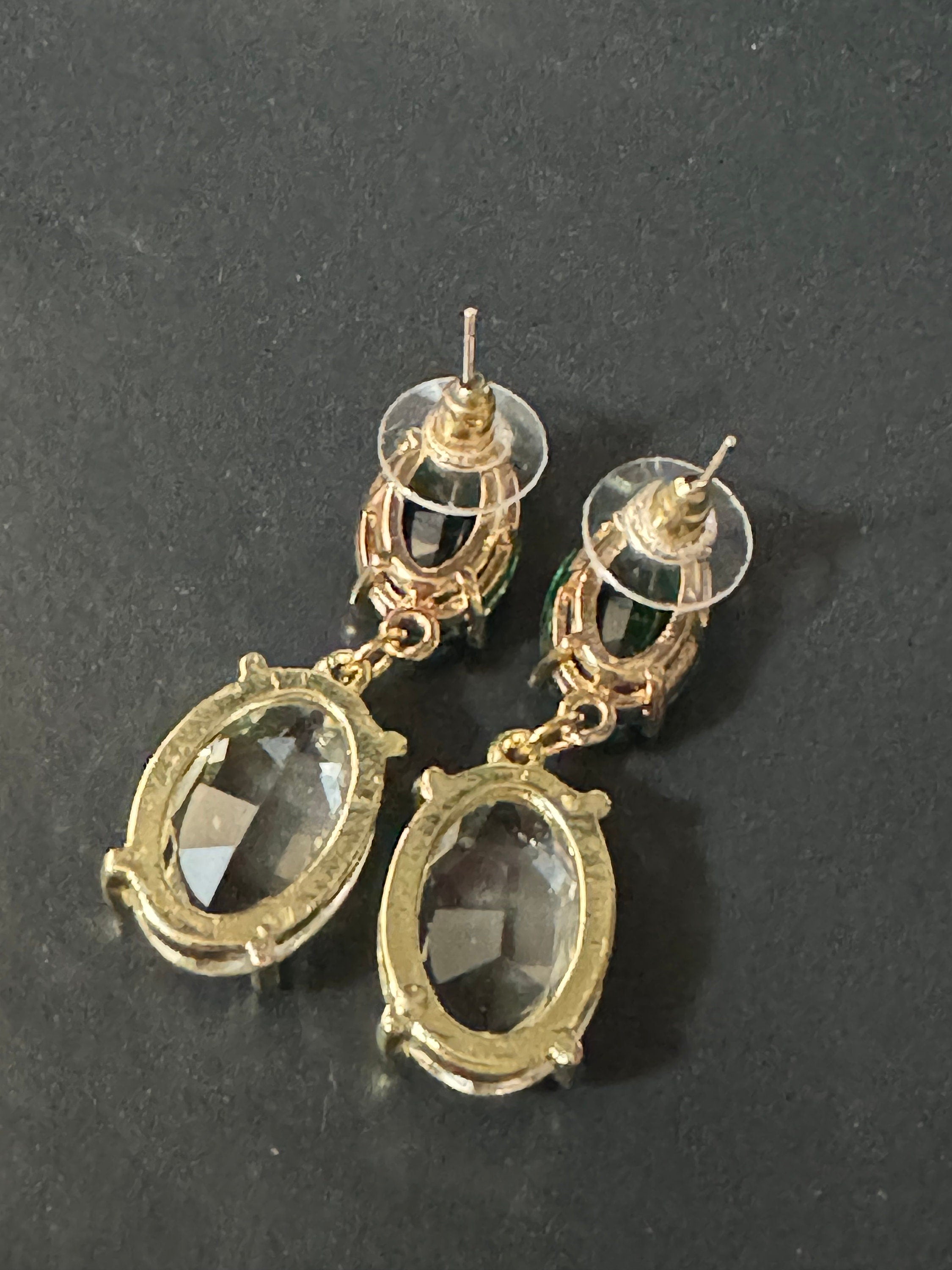 18k Gold plated emerald green clear crystal diamanté rhinestone dangly oval drop earrings