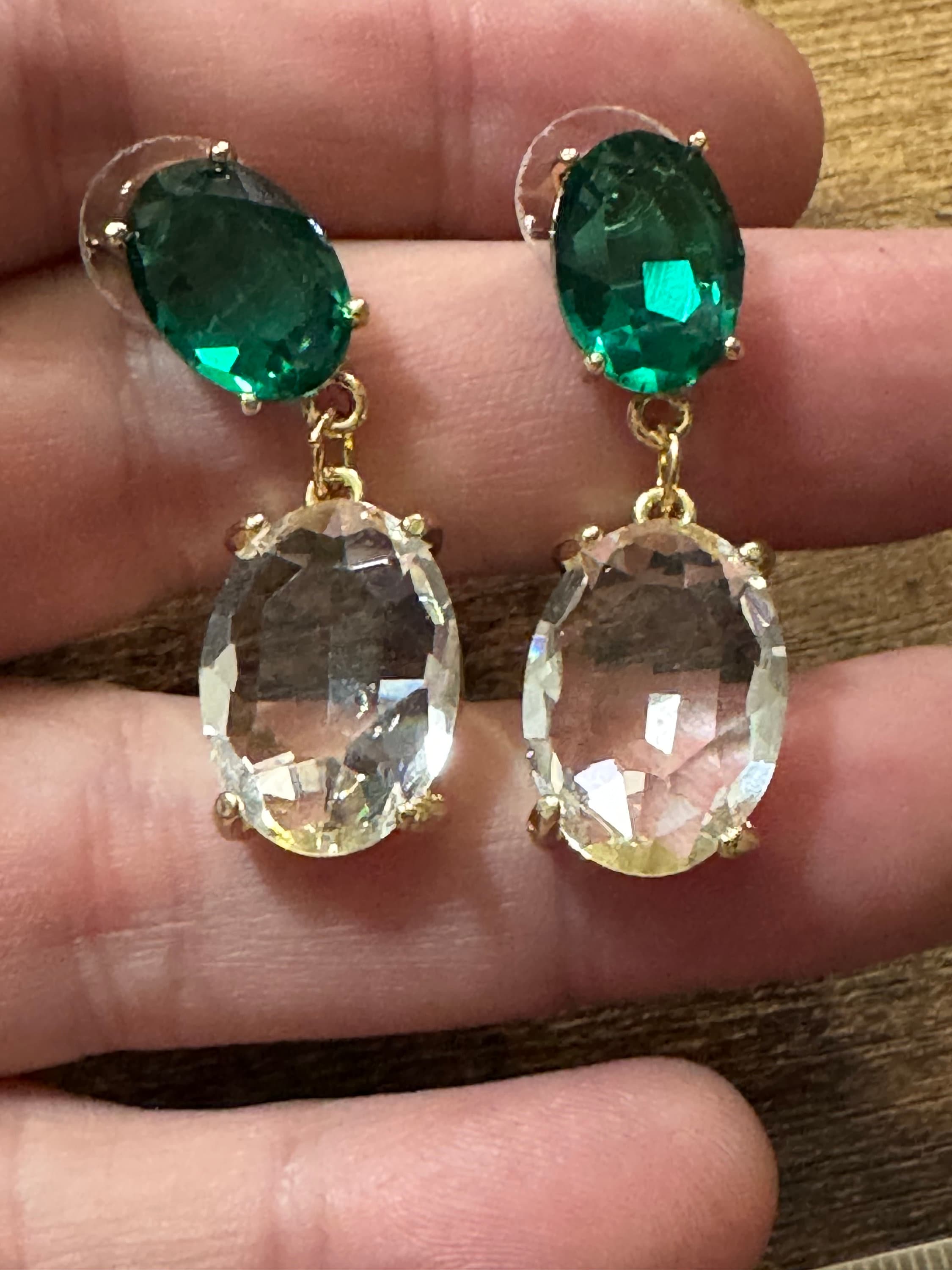 18k Gold plated emerald green clear crystal diamanté rhinestone dangly oval drop earrings