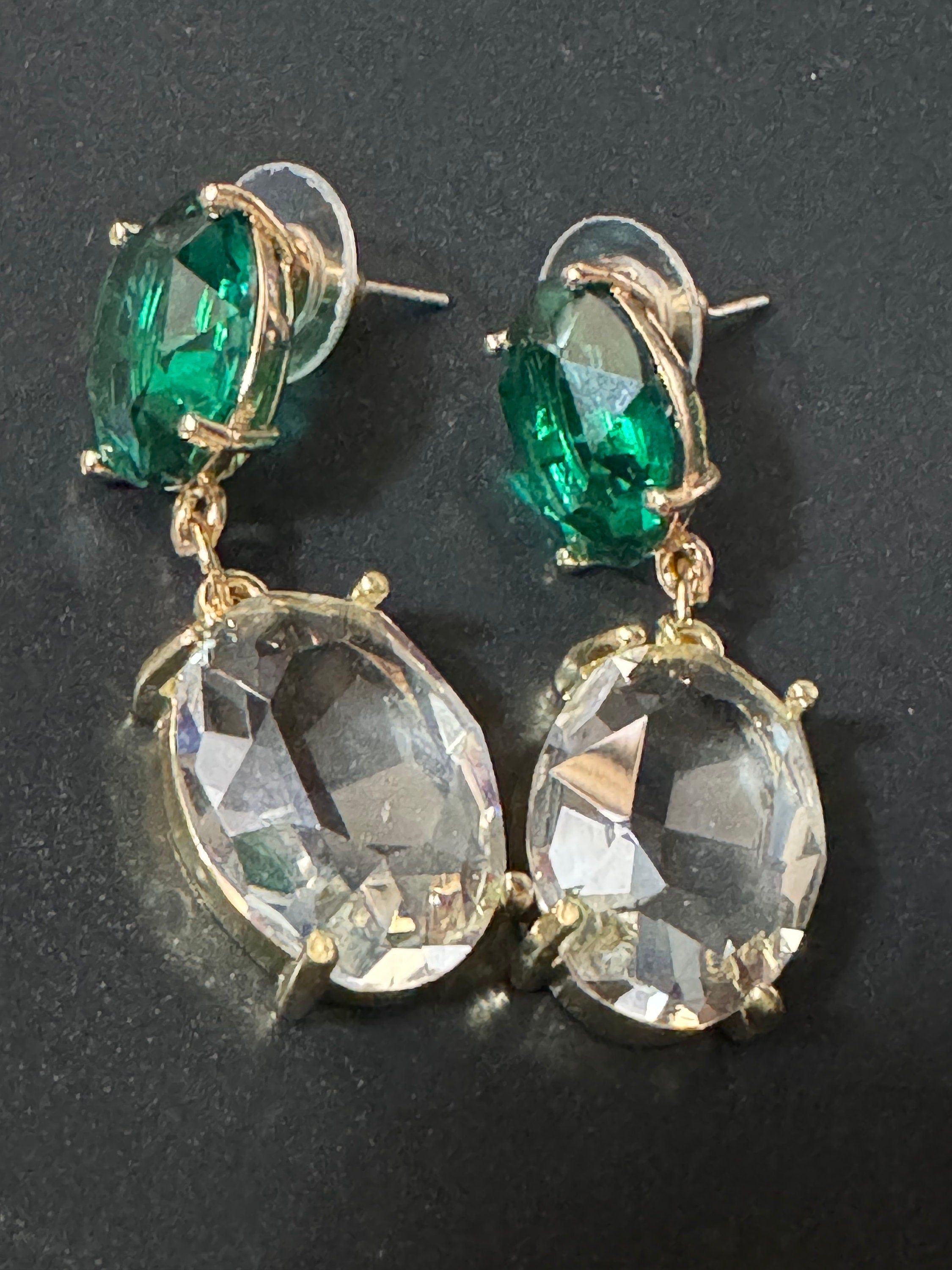 18k Gold plated emerald green clear crystal diamanté rhinestone dangly oval drop earrings
