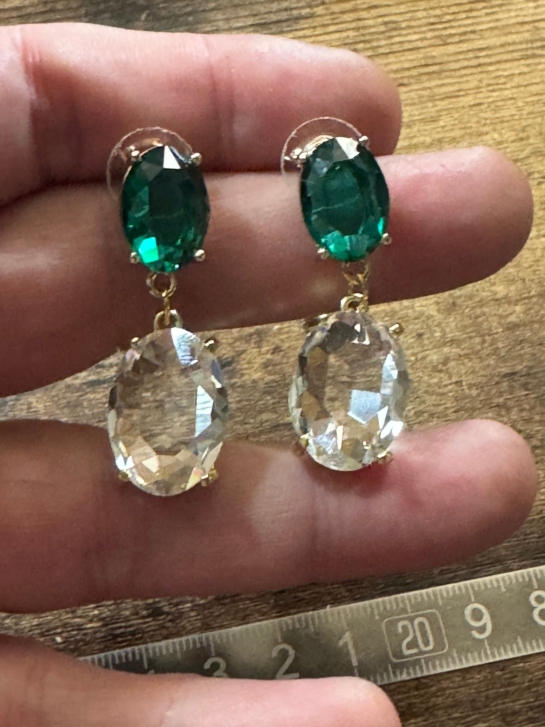18k Gold plated emerald green clear crystal diamanté rhinestone dangly oval drop earrings