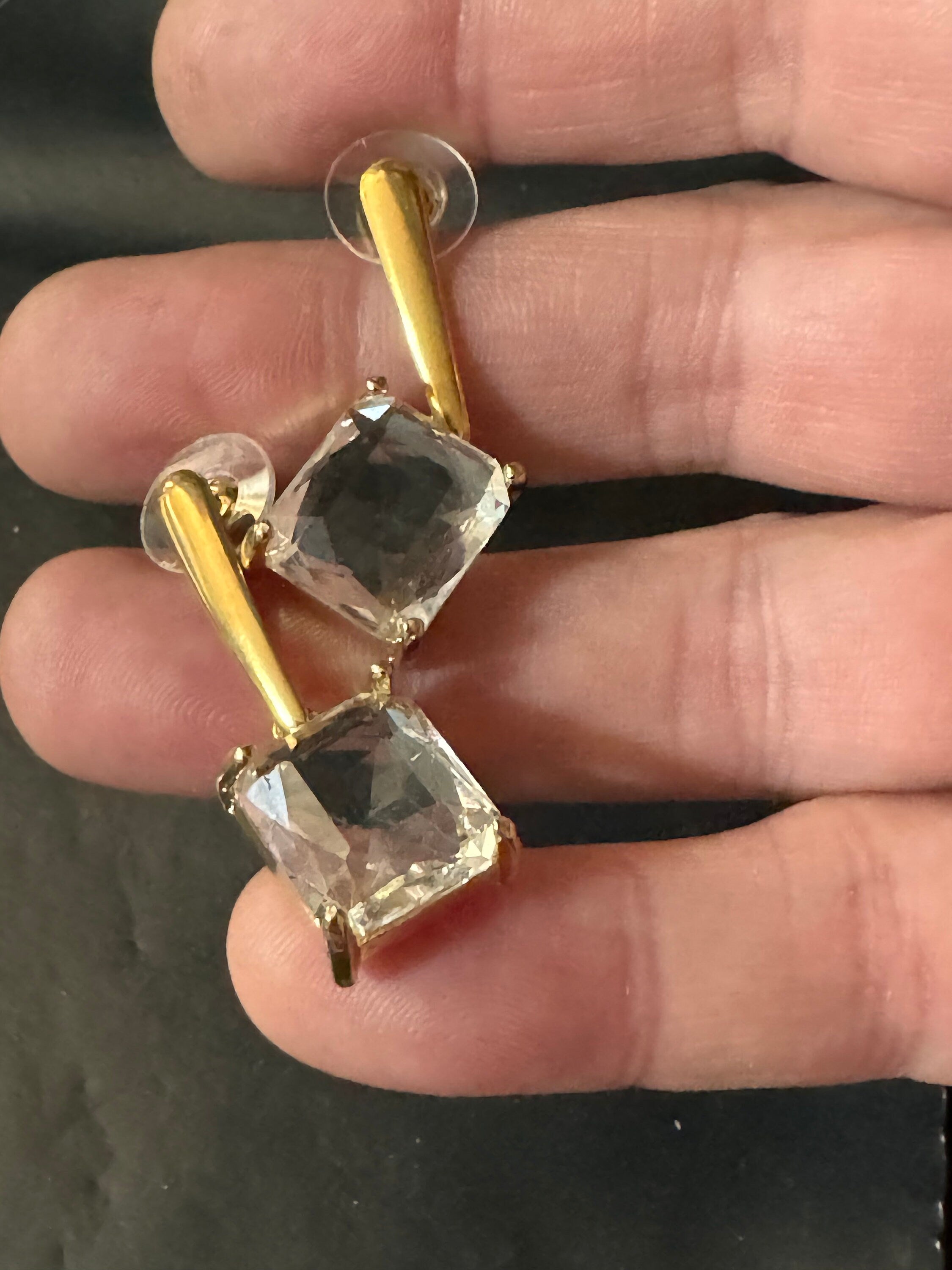 large rectangular crystal diamanté earrings for pierced ears Gold plated