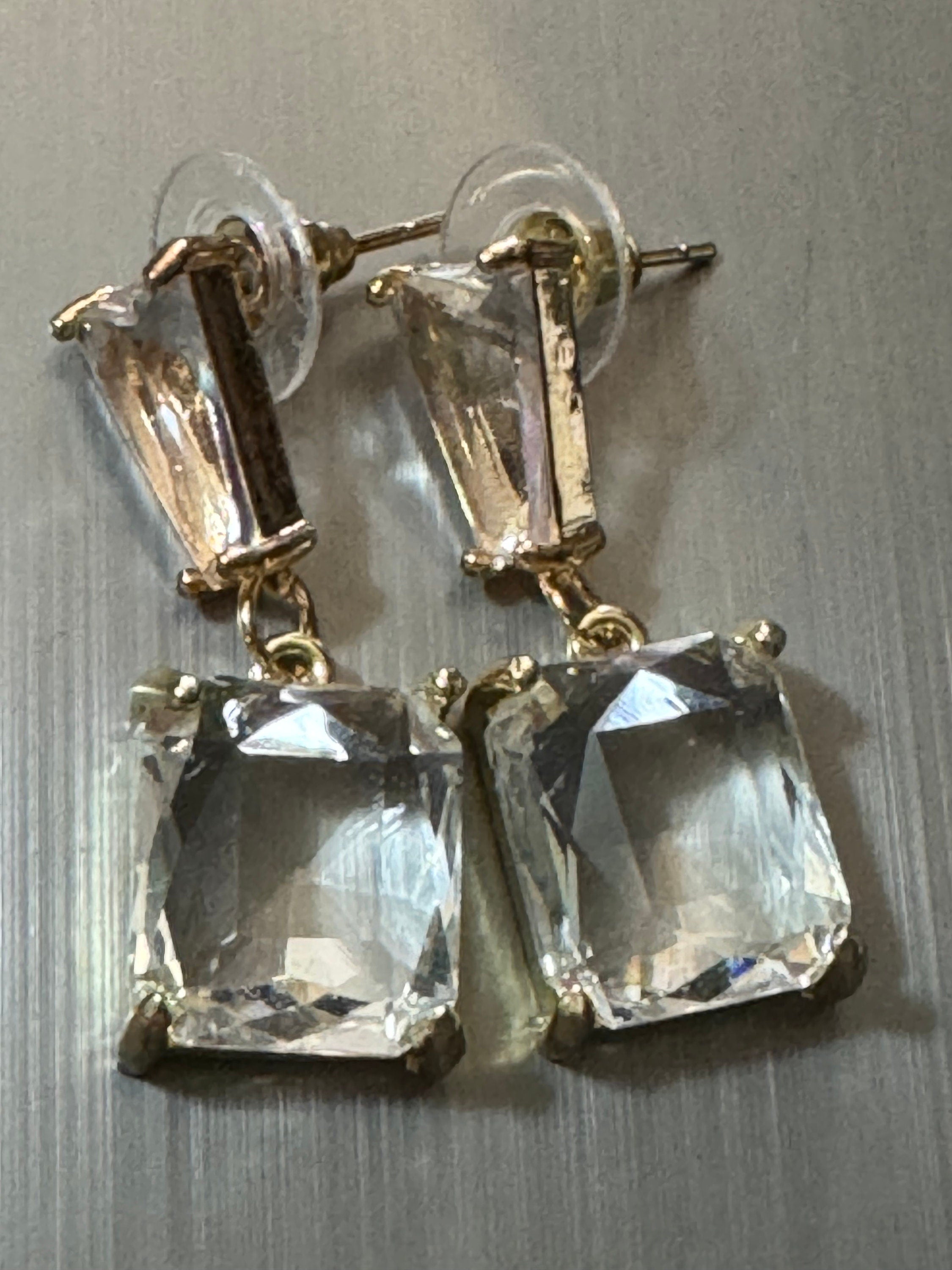 large rectangular crystal diamanté earrings for pierced ears Gold plated