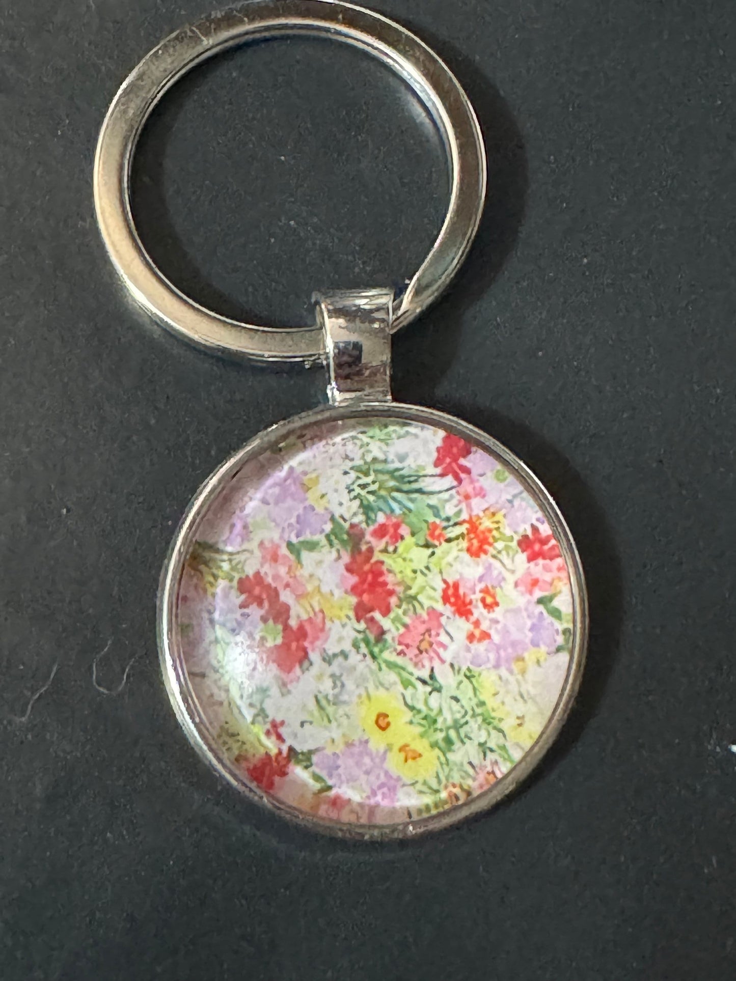 Handmade garden yellow Pink flowers silver tone floral keyring with 25mm glass cabochon