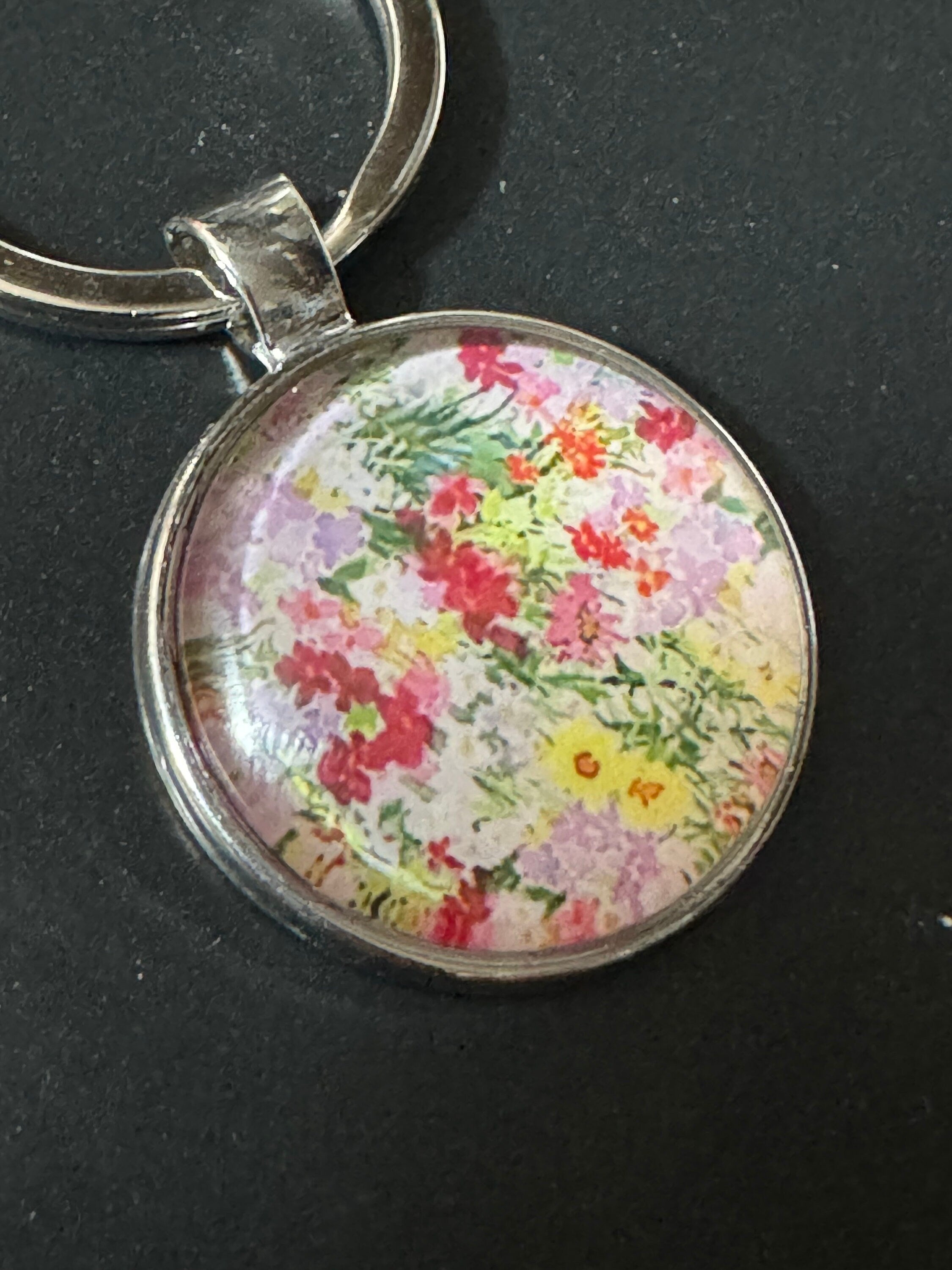 Handmade garden yellow Pink flowers silver tone floral keyring with 25mm glass cabochon