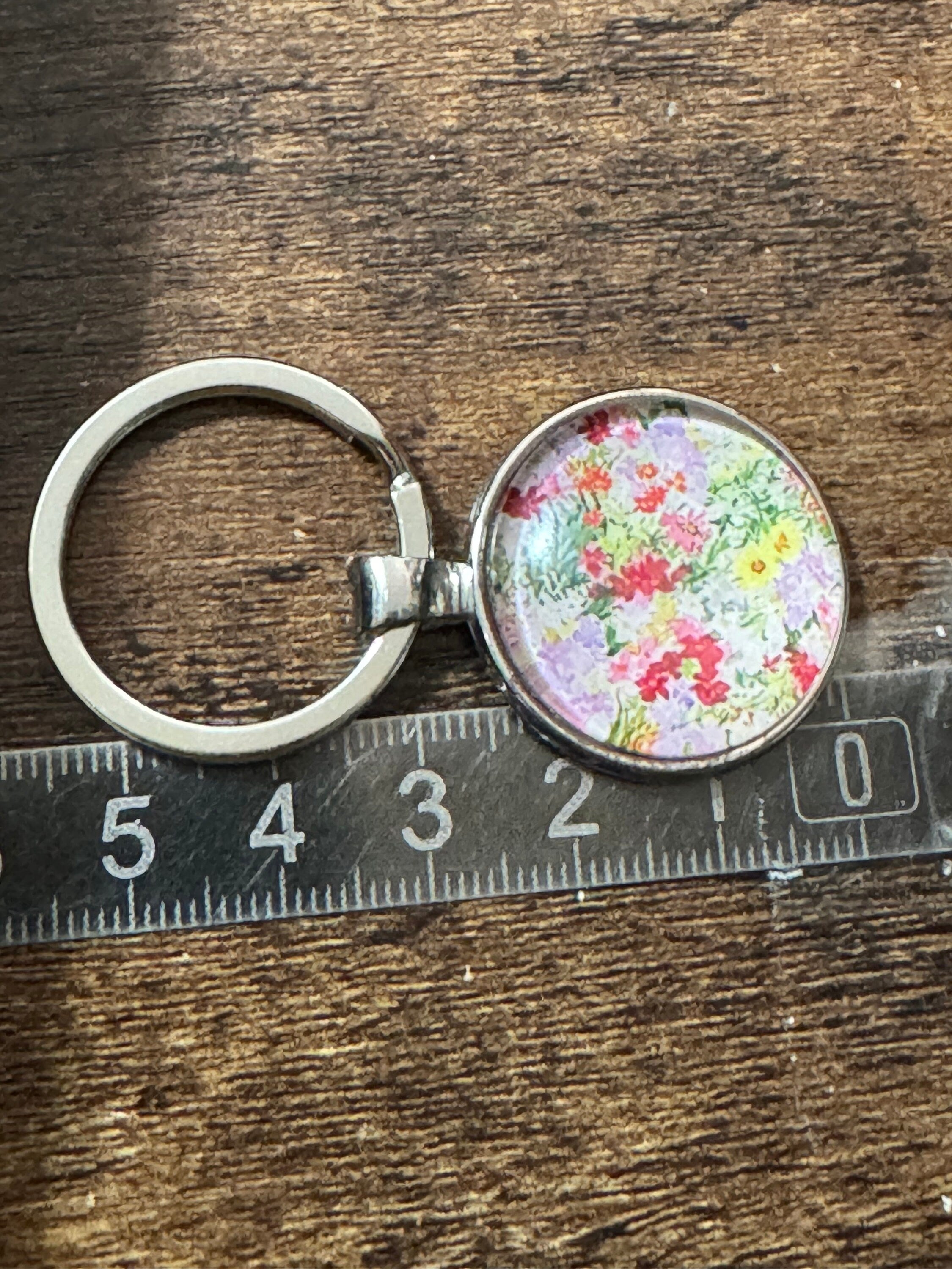 Handmade garden yellow Pink flowers silver tone floral keyring with 25mm glass cabochon