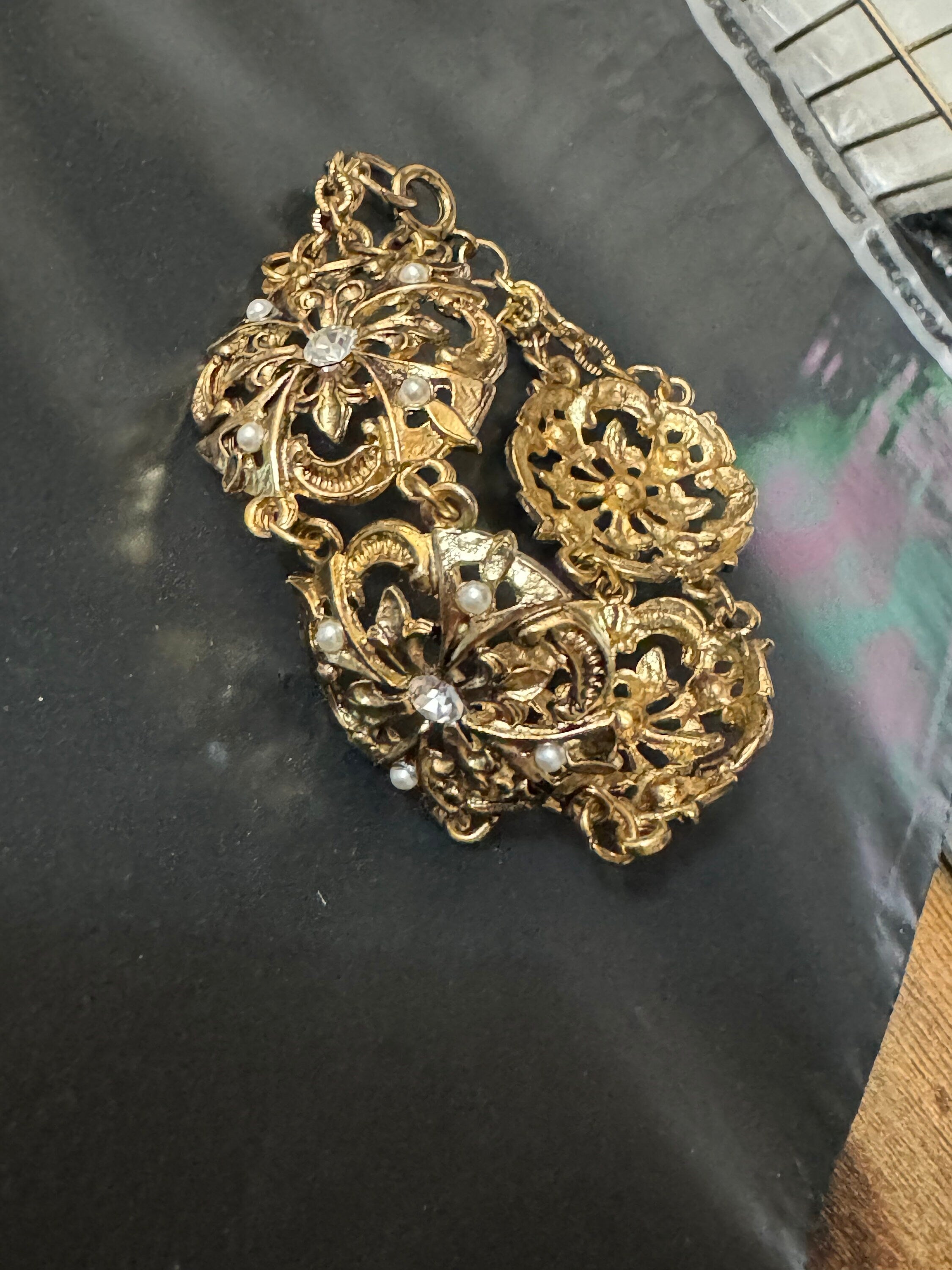 True Vintage diamanté panel link bangle bracelet 20cm old shop stock gold brass pressed metal