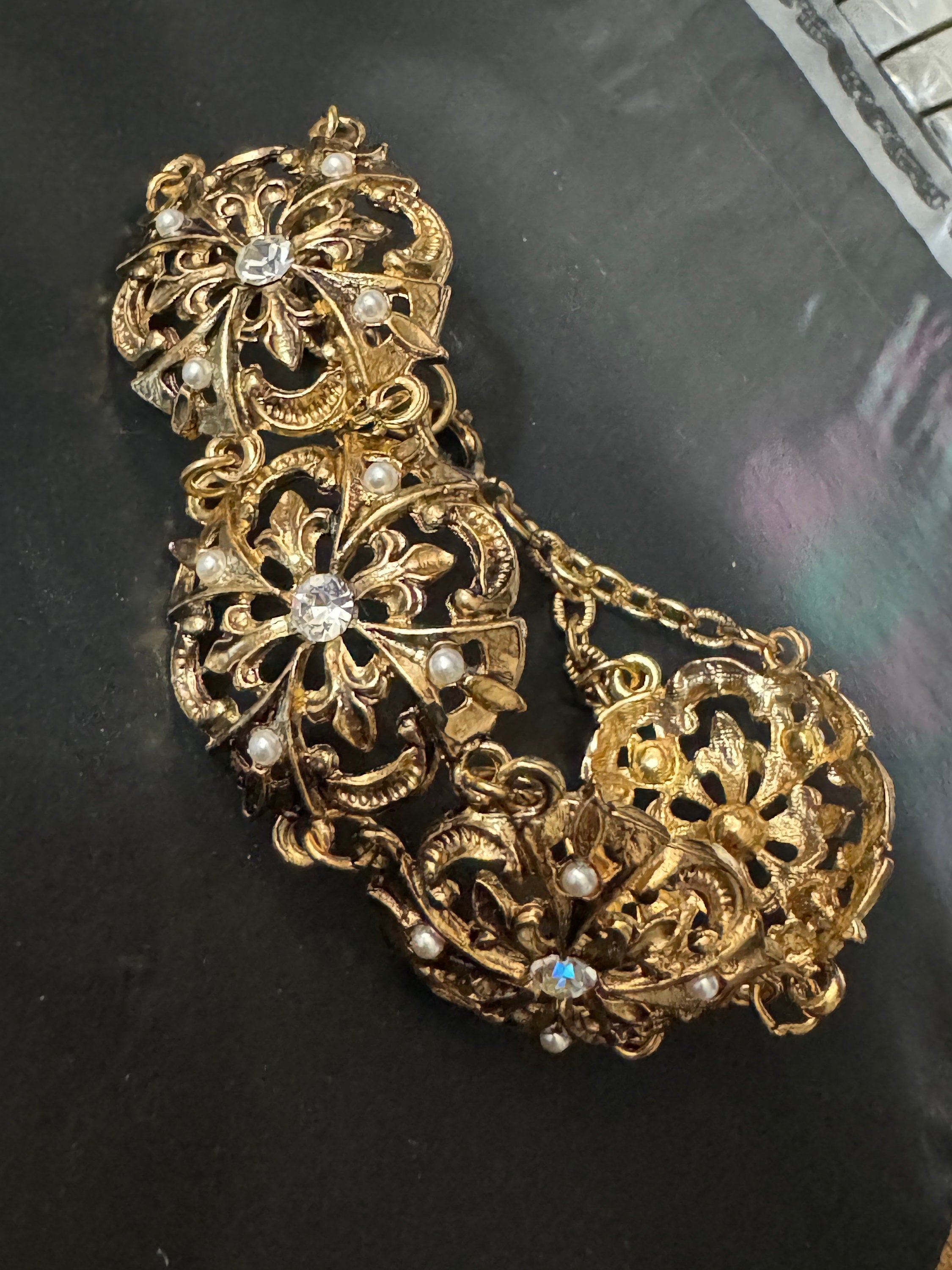 True Vintage diamanté panel link bangle bracelet 20cm old shop stock gold brass pressed metal