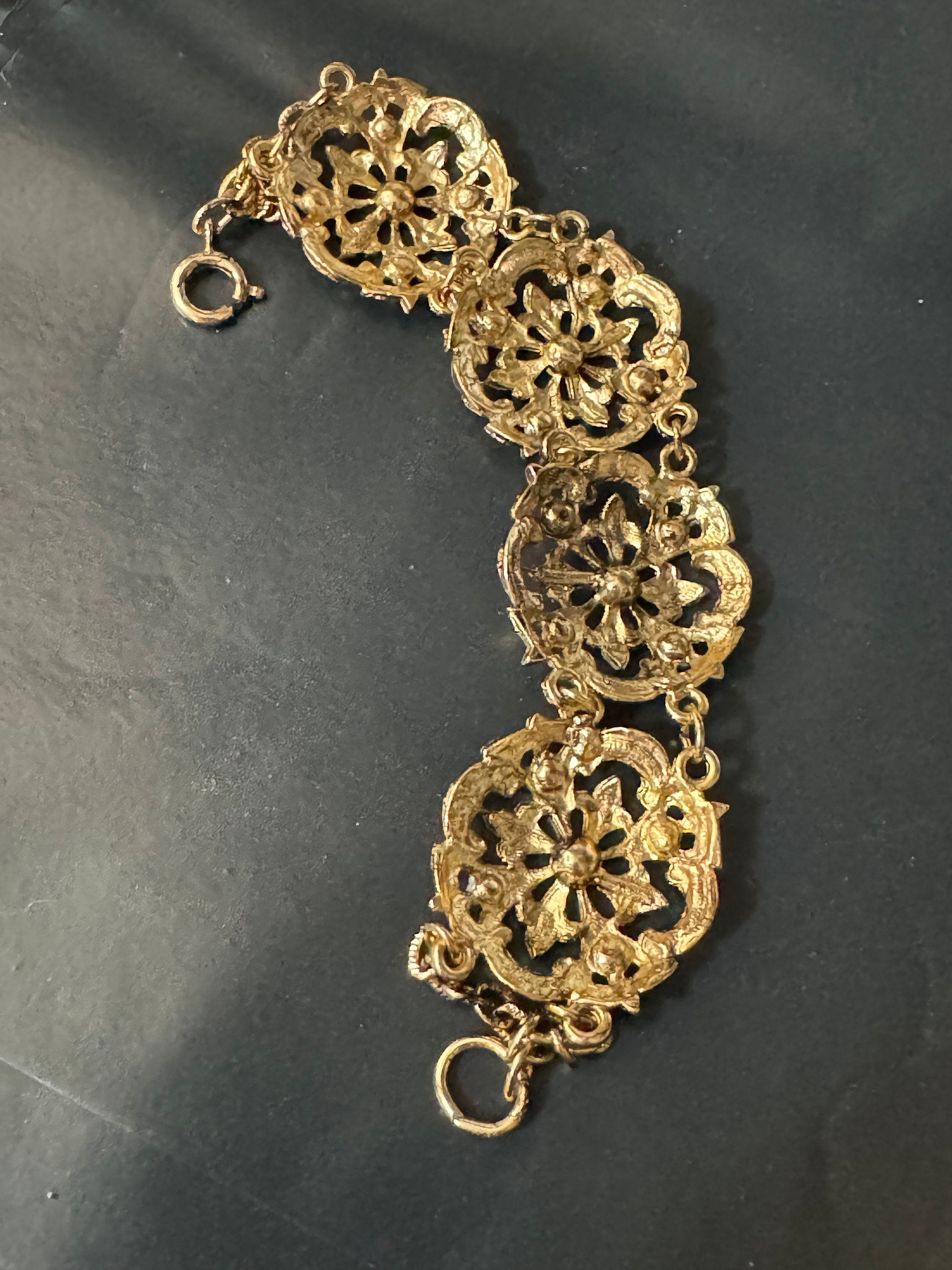 True Vintage diamanté panel link bangle bracelet 20cm old shop stock gold brass pressed metal
