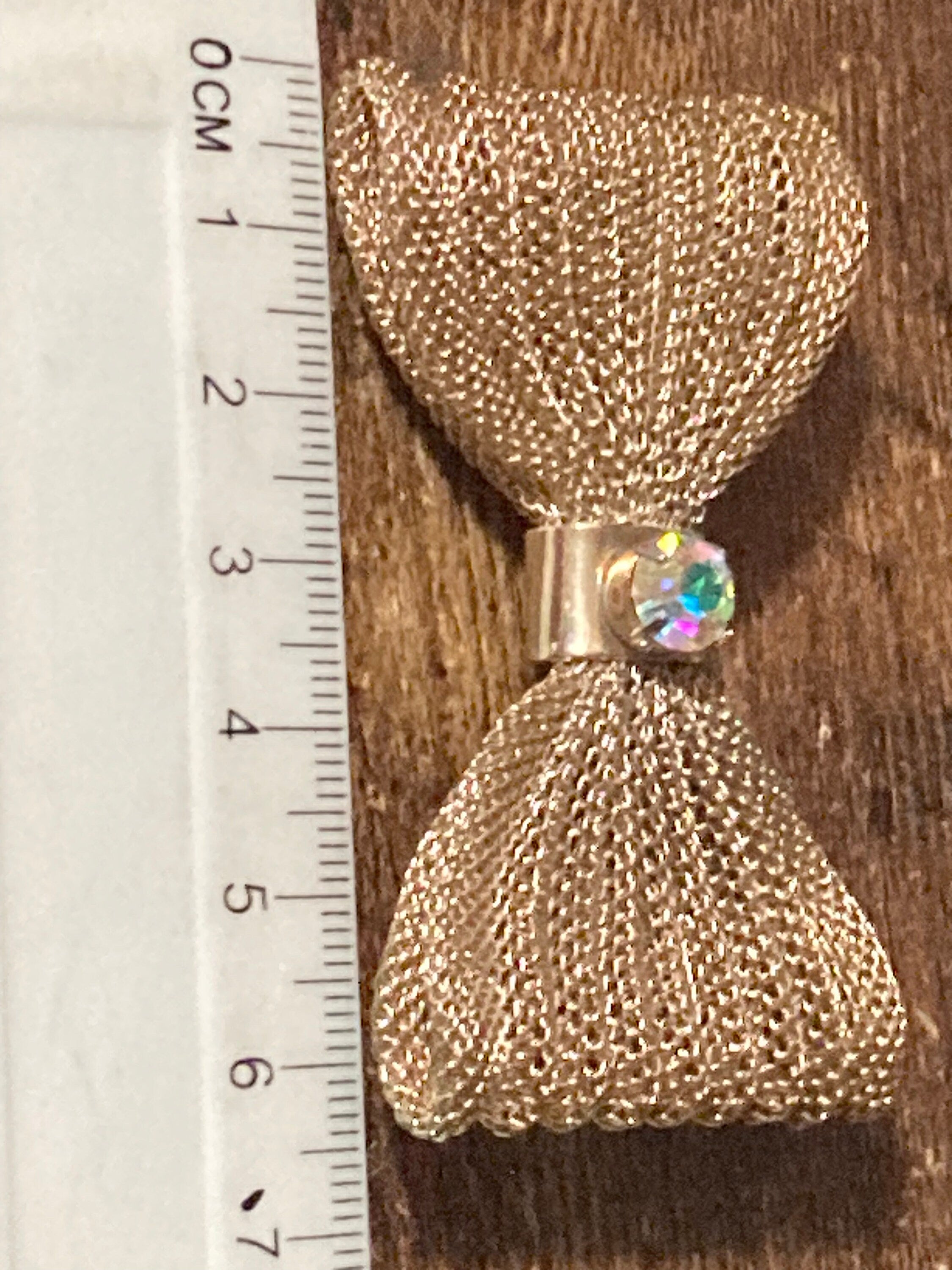 Large vintage AB diamanté mesh bow brooch MCM gold tone 6.5cm 1960s