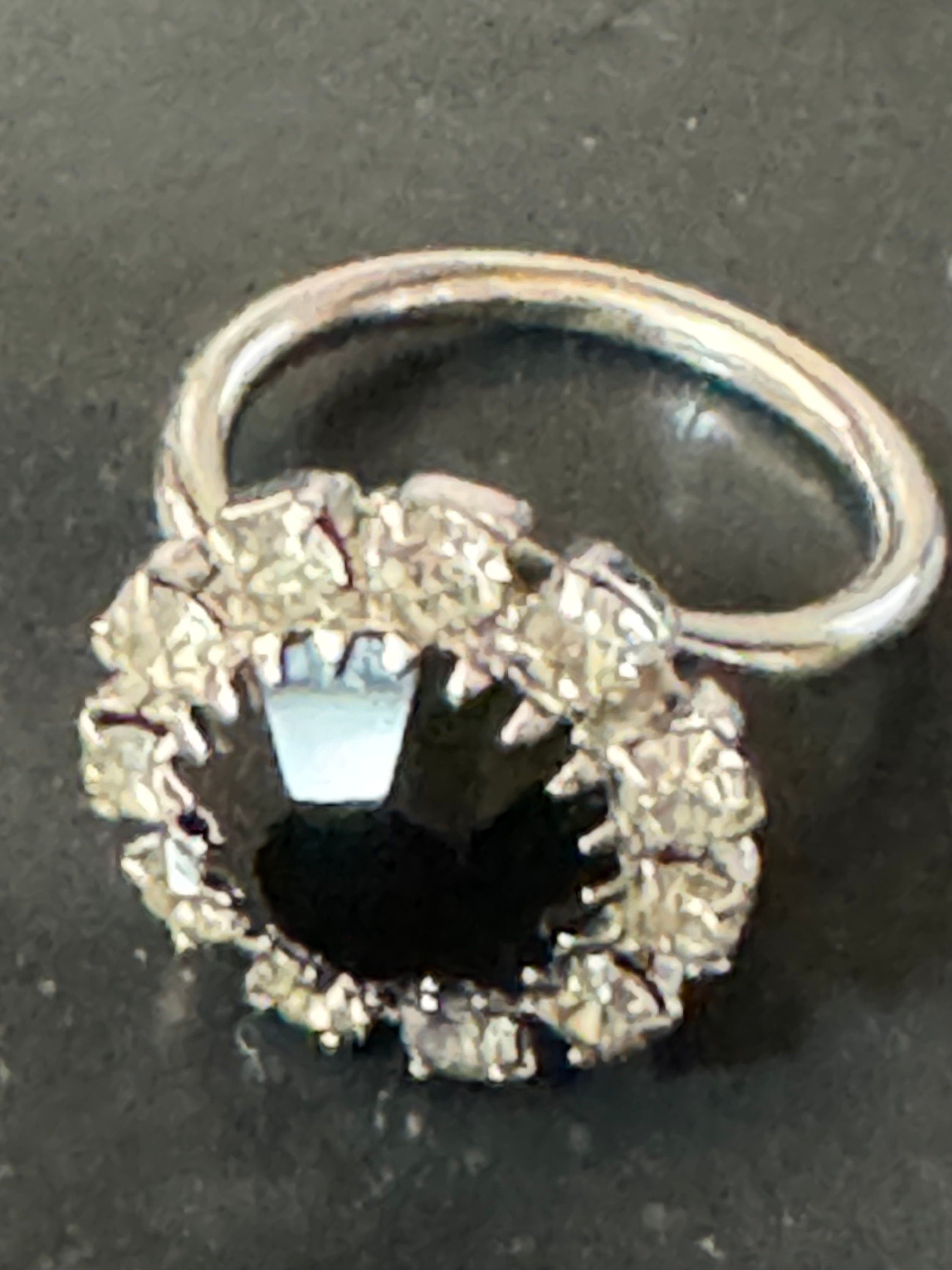 Signed sarah Coventry Silver tone black and clear crystal rhinestone adjustable cocktail ring size M N O