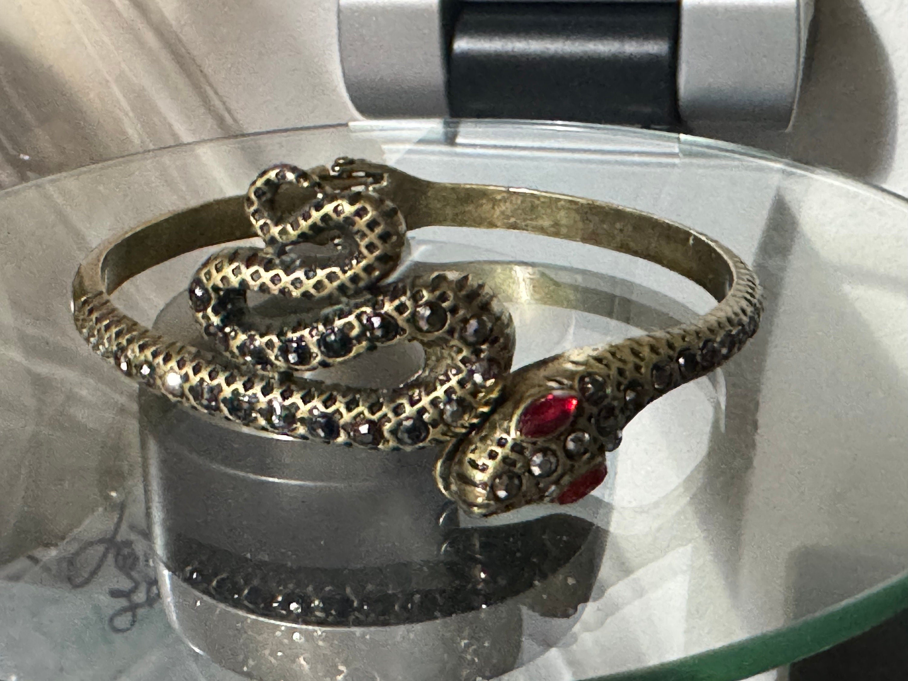 Antique gold tone marcasite and ruby paste set snake hinged clamper bangle bracelet