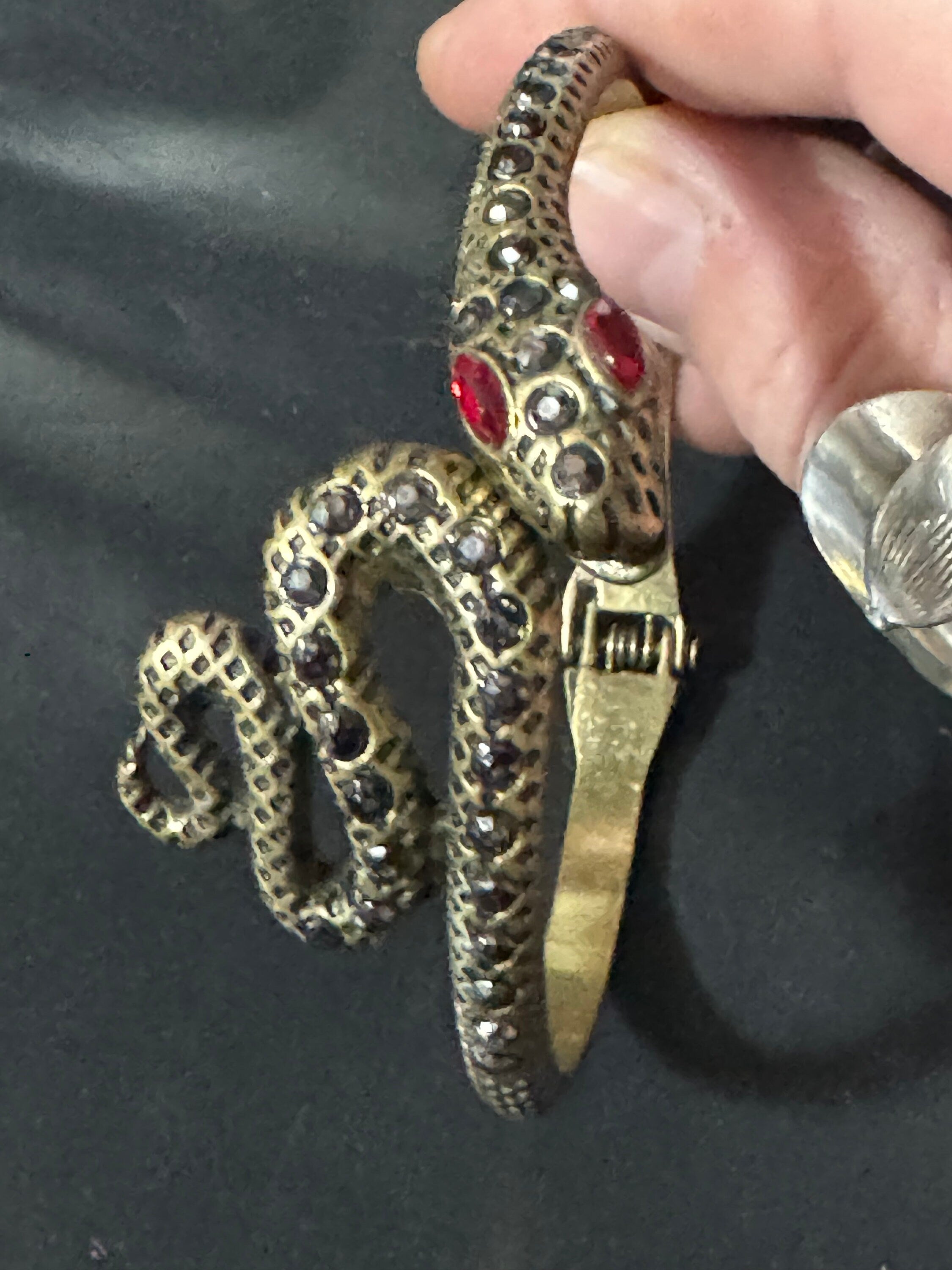 Antique gold tone marcasite and ruby paste set snake hinged clamper bangle bracelet