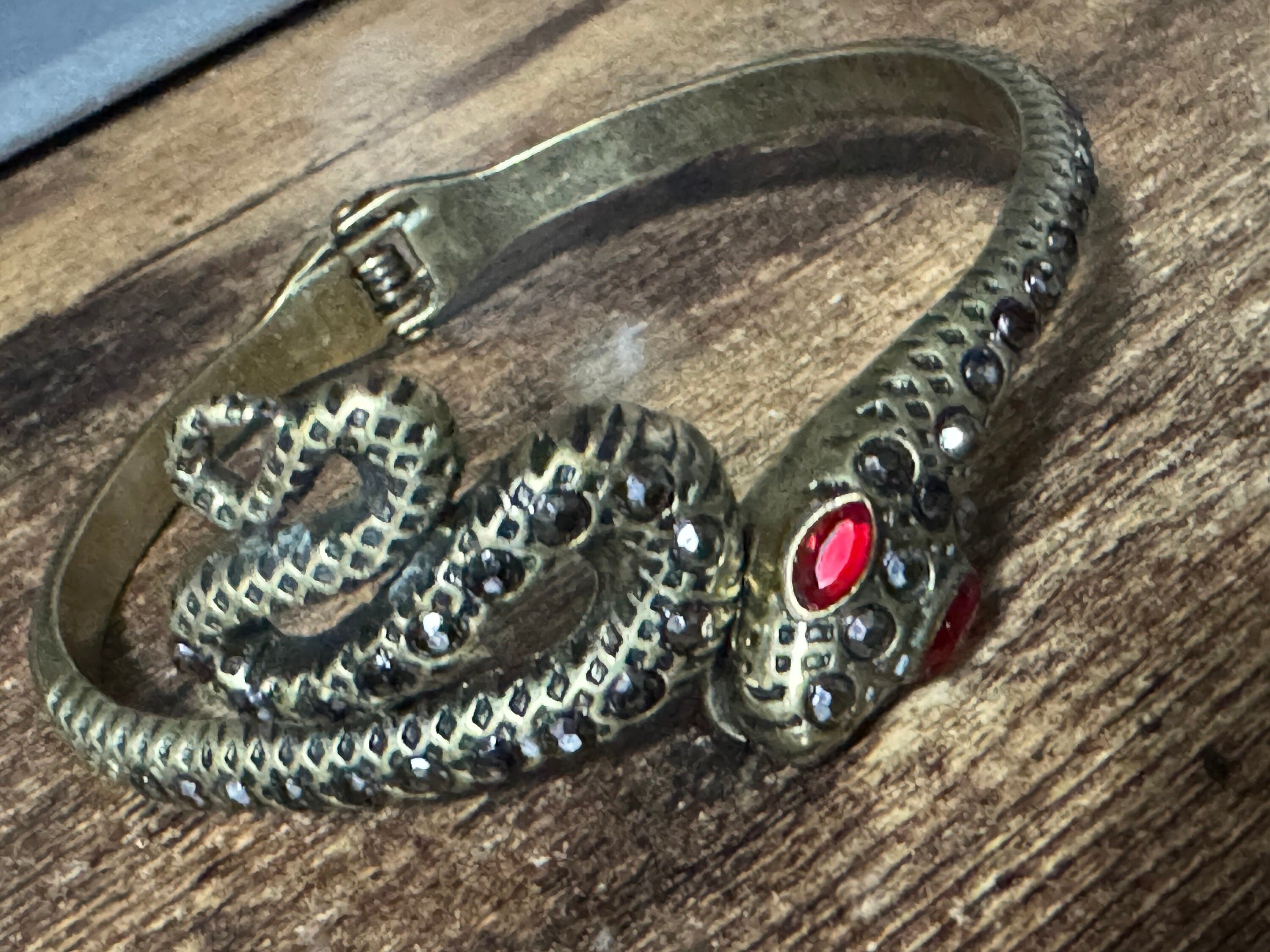 Antique gold tone marcasite and ruby paste set snake hinged clamper bangle bracelet
