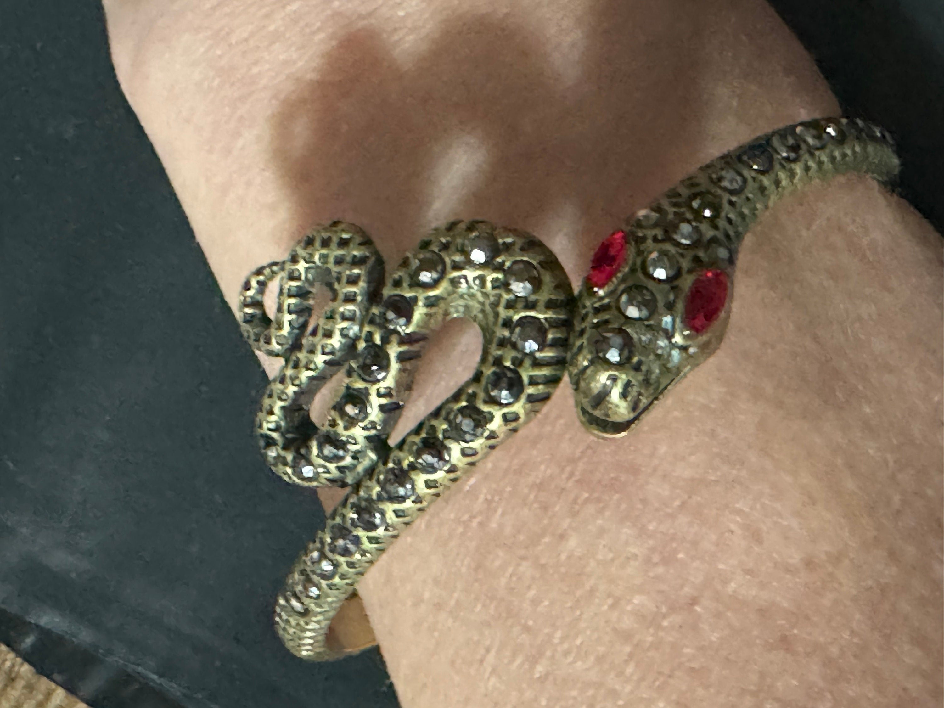 Antique gold tone marcasite and ruby paste set snake hinged clamper bangle bracelet