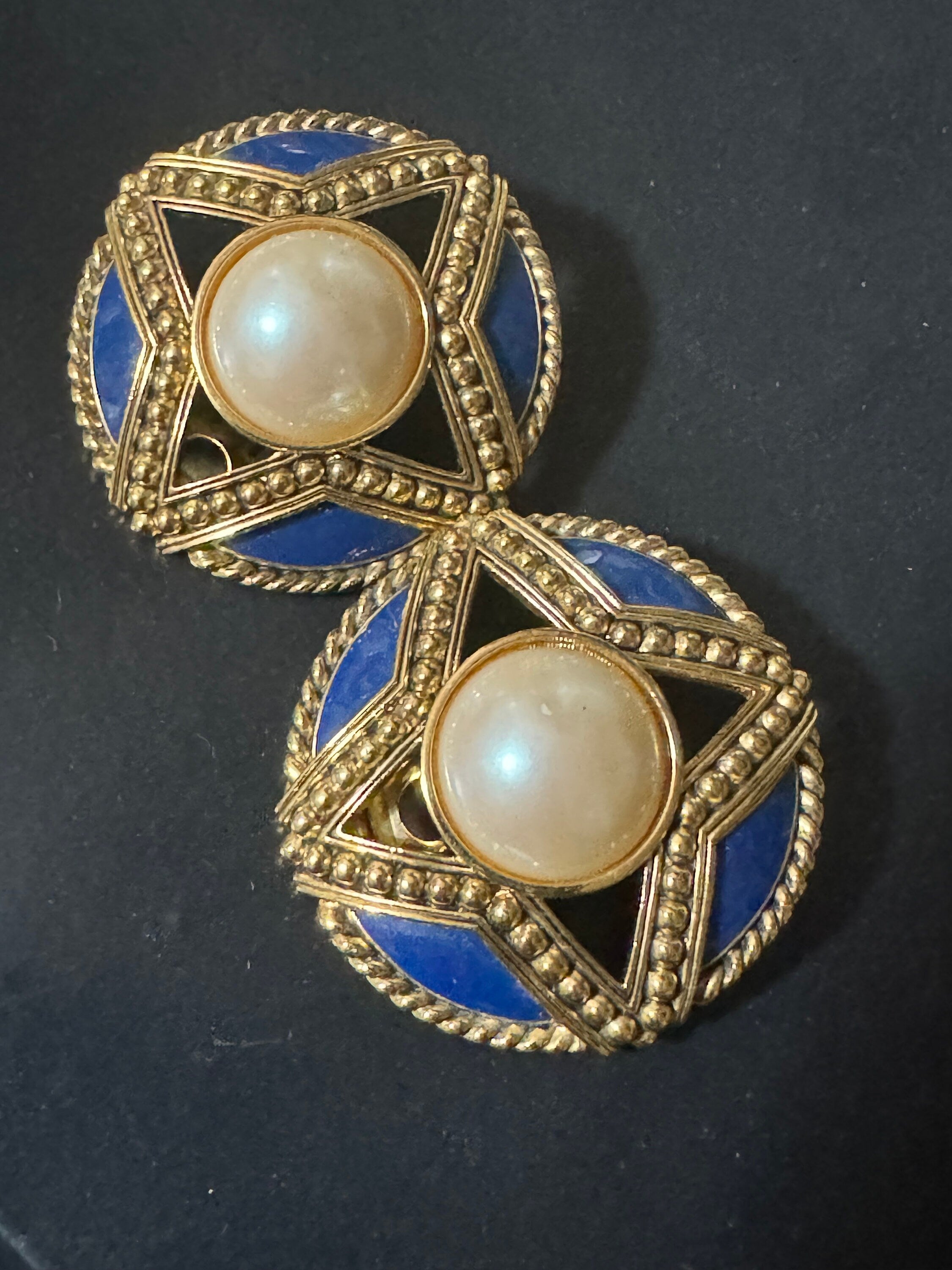 Vintage Oversized Clip On Earrings: Blue Enamel Faux Pearl Gold Tone