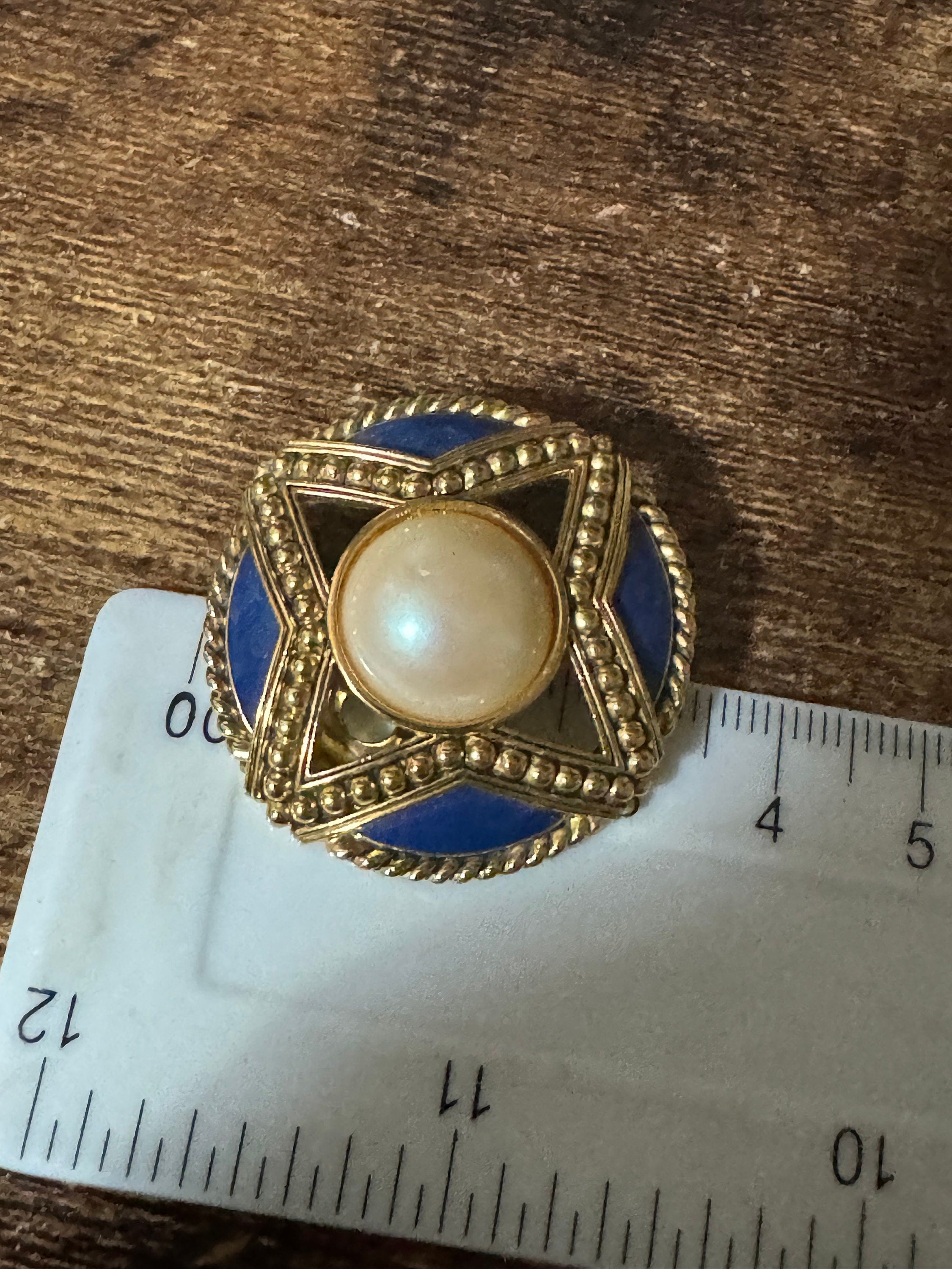 Vintage Oversized Clip On Earrings: Blue Enamel Faux Pearl Gold Tone