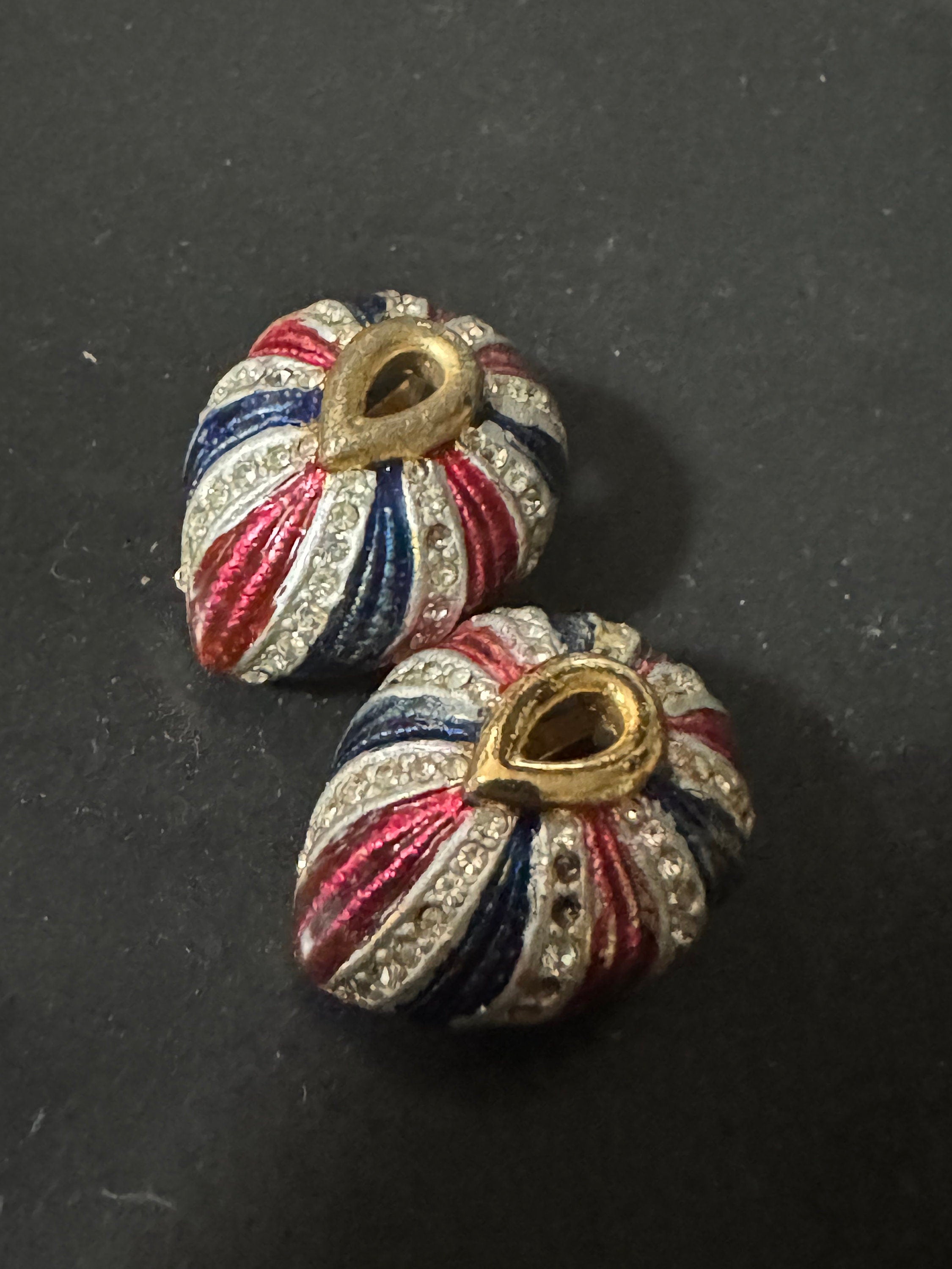 AF missing paste vintage red blue striped enamel gold tone teardrop Clip On Stud Earrings
