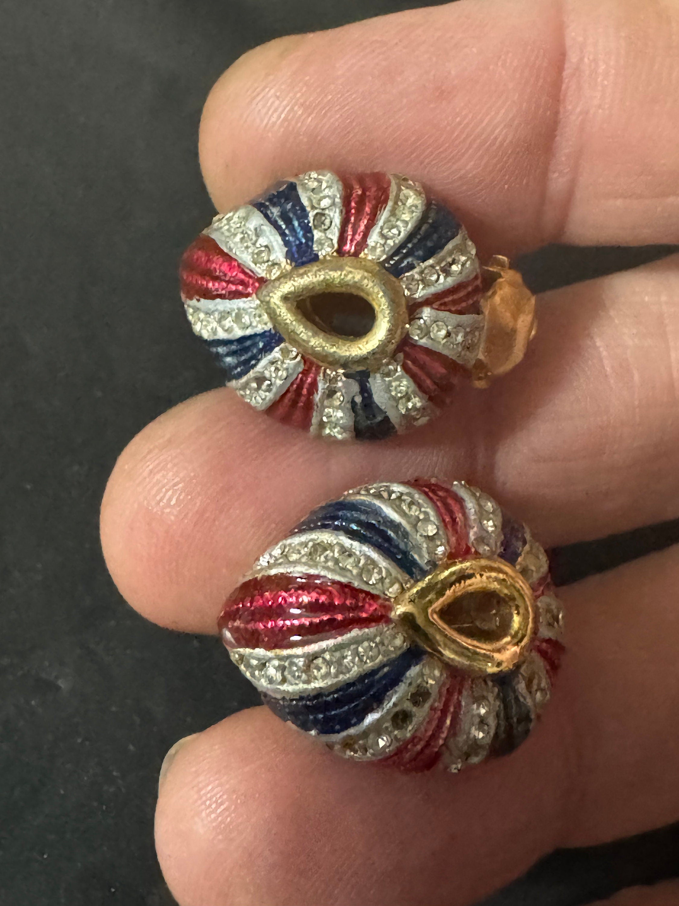 AF missing paste vintage red blue striped enamel gold tone teardrop Clip On Stud Earrings