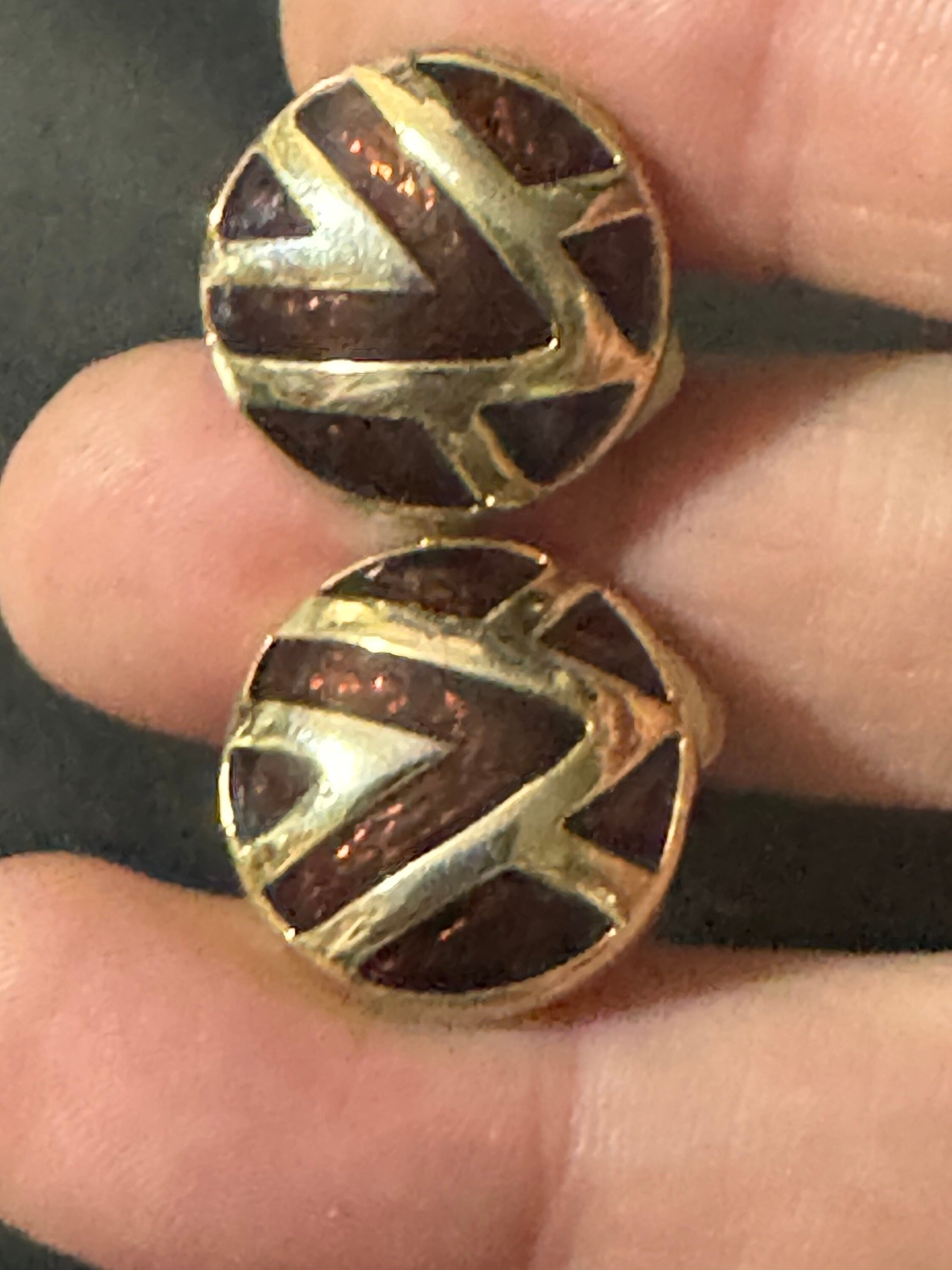 Vintage brown enamel gold tone Clip On Stud Earrings 1980s retro