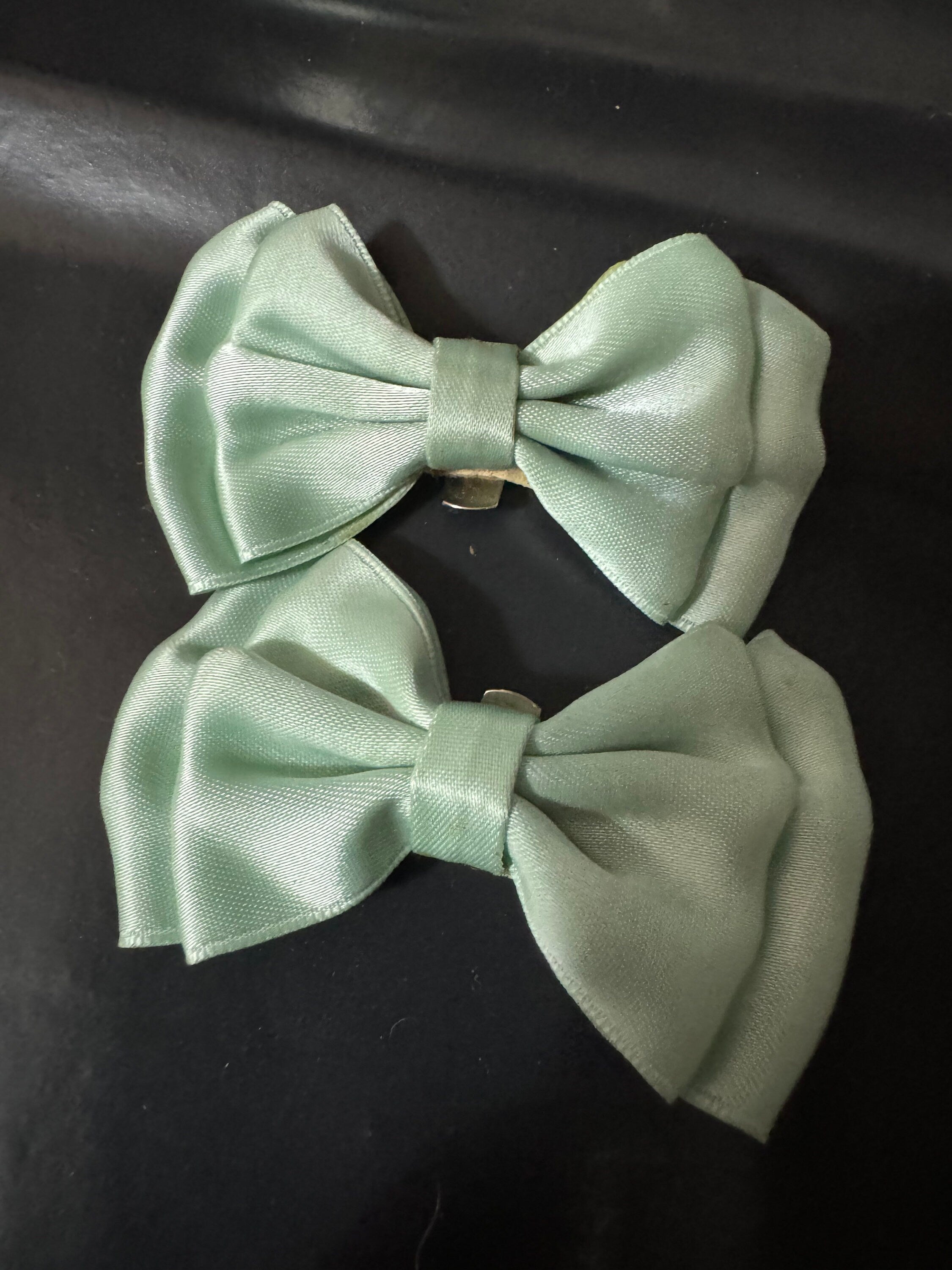 Vintage pair of light duck egg blue satin ribbon BOW shoe clips