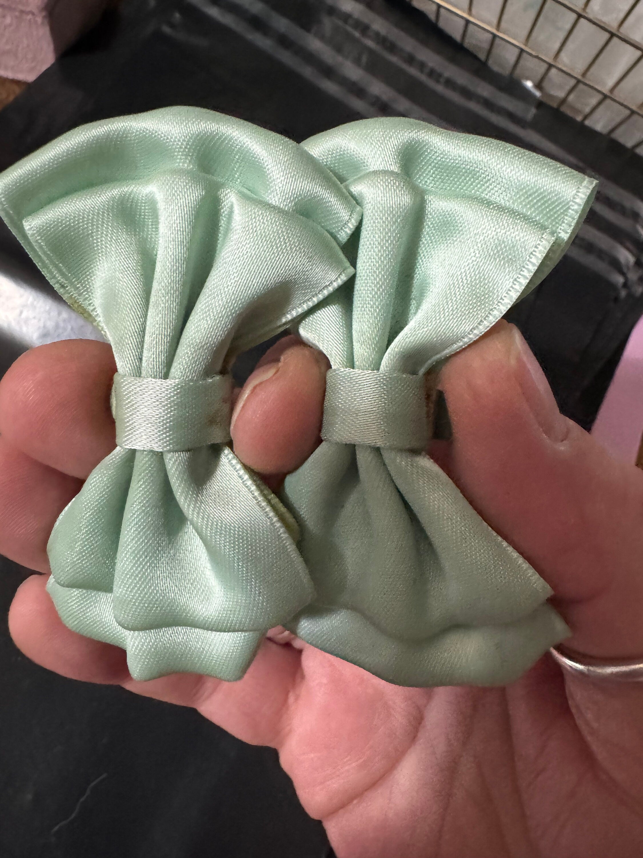 Vintage pair of light duck egg blue satin ribbon BOW shoe clips