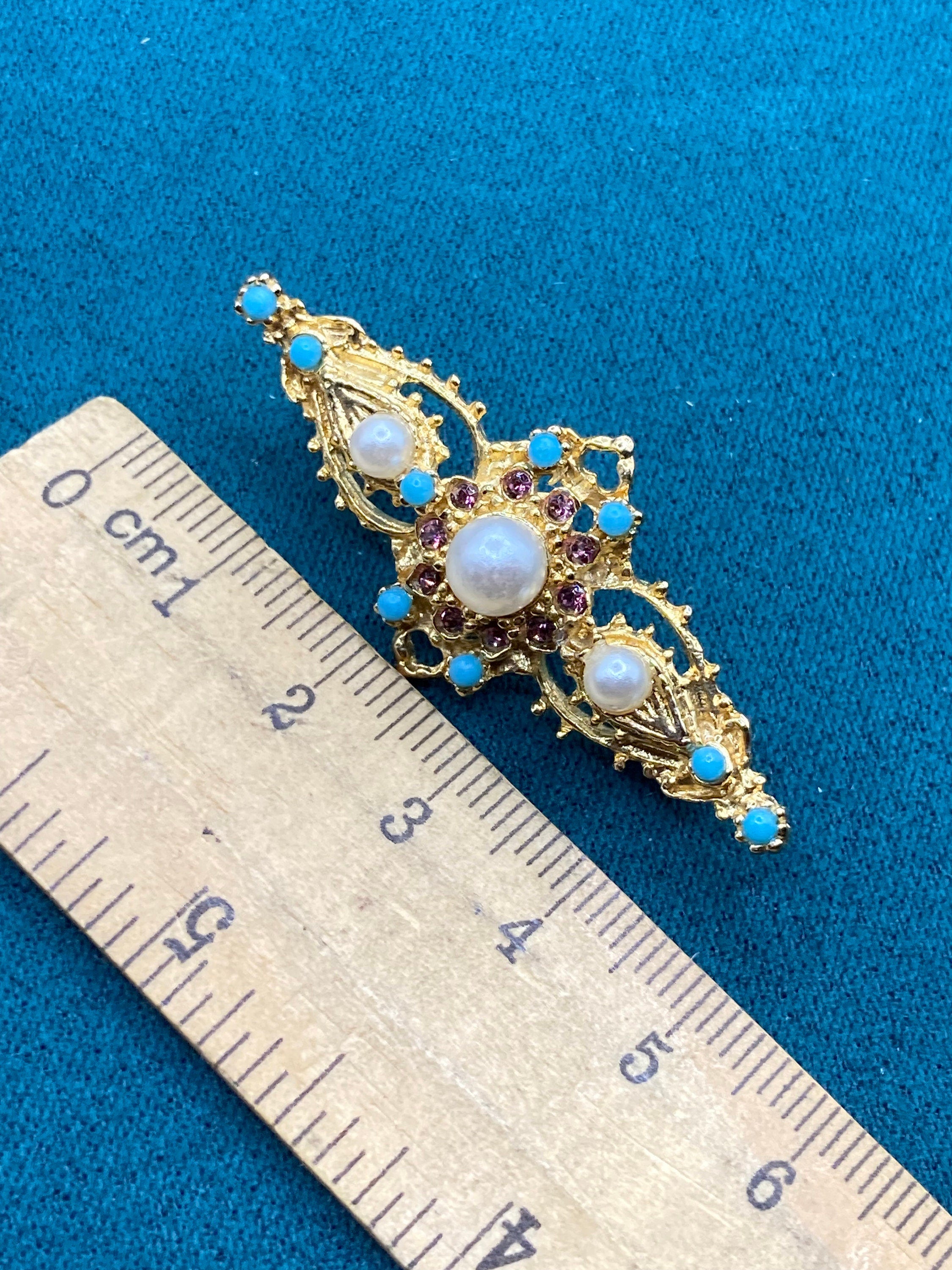 vintage gold tone turquoise bead & seed pearl bar brooch