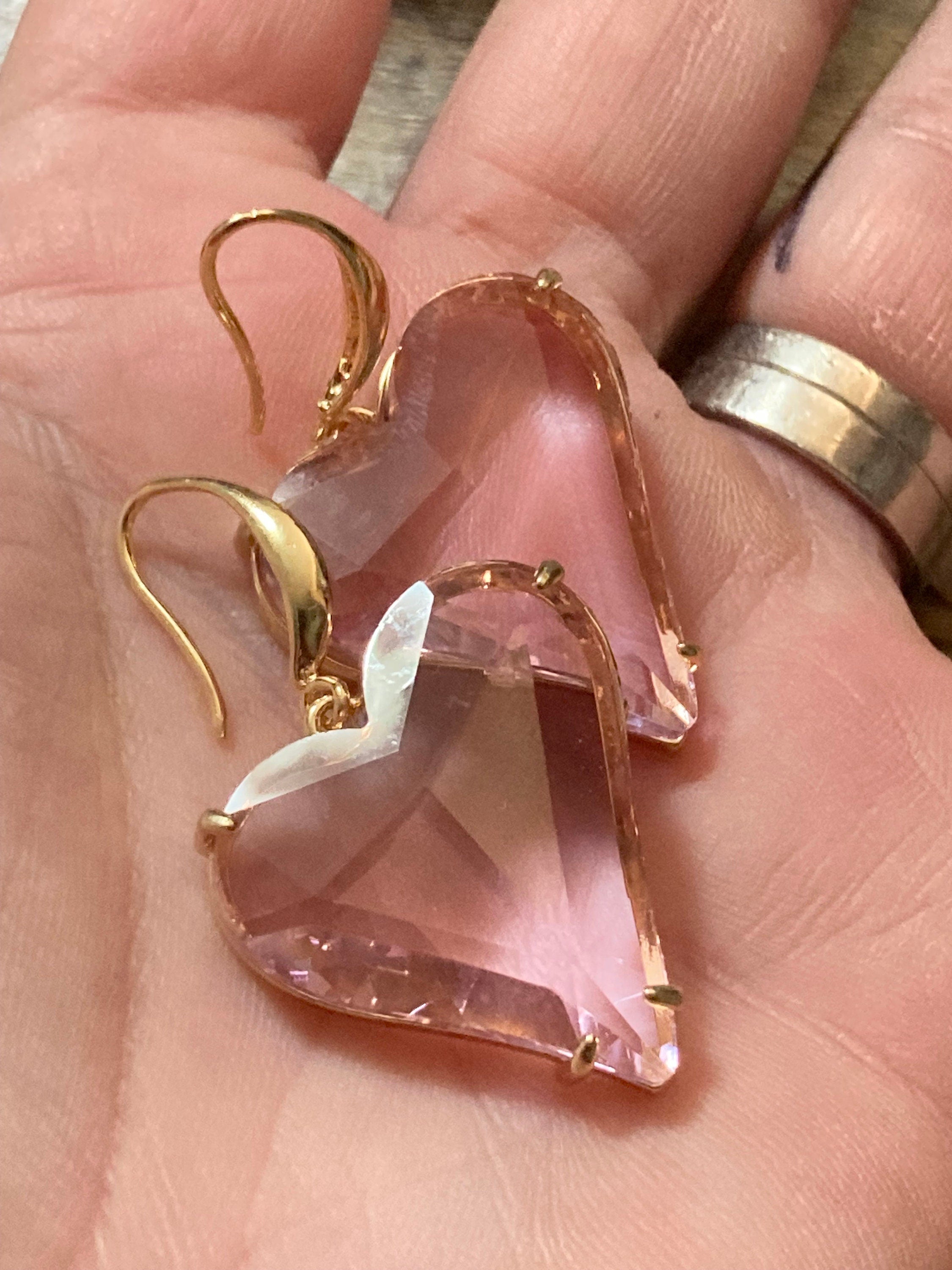 Oversized 18k gold plated pink love heart glass crystal drop charm earrings