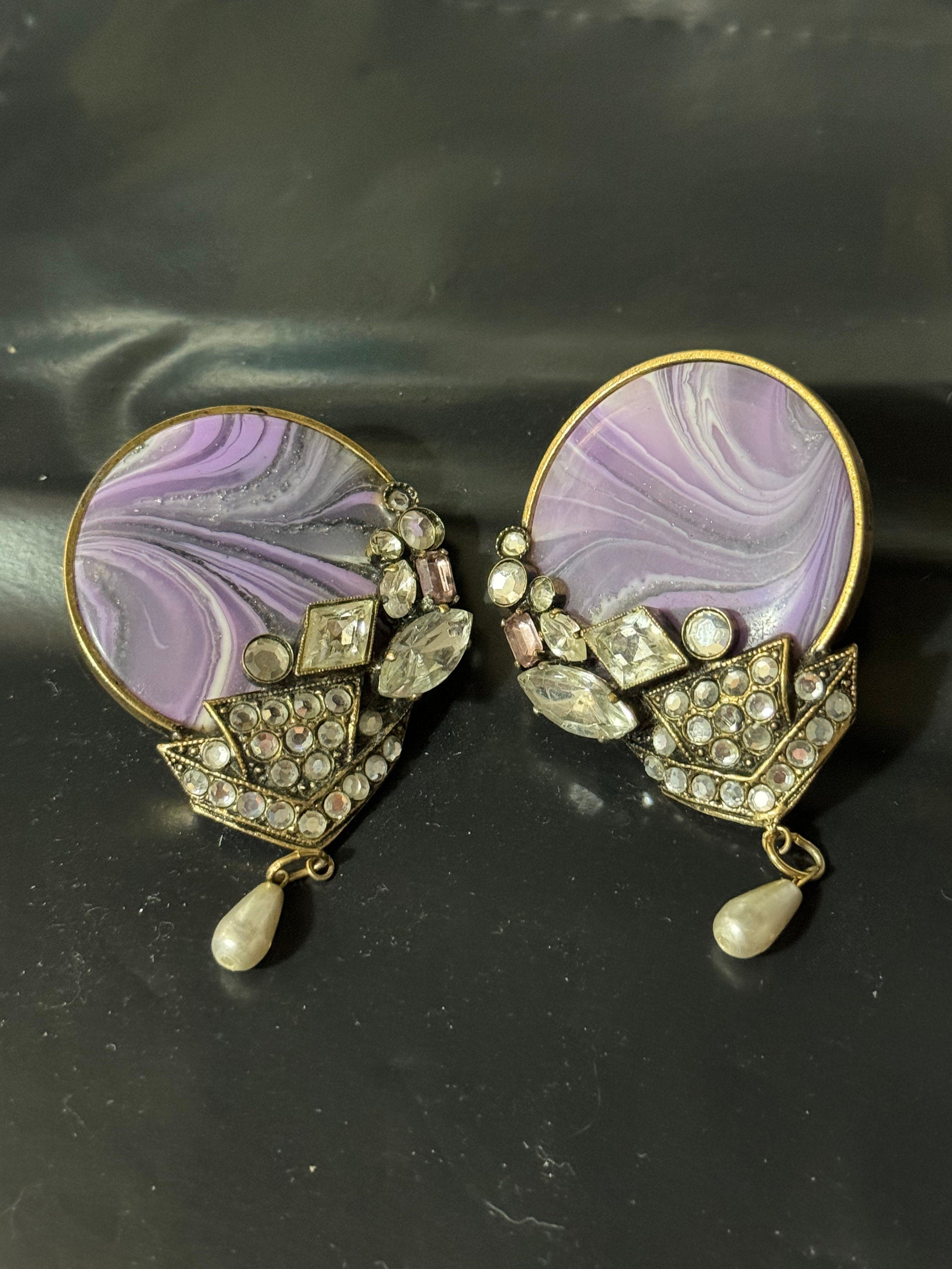 Italian Designer Luigi Briglia oversized gold tone marbled purple cabochon teardrop pearl diamanté earrings