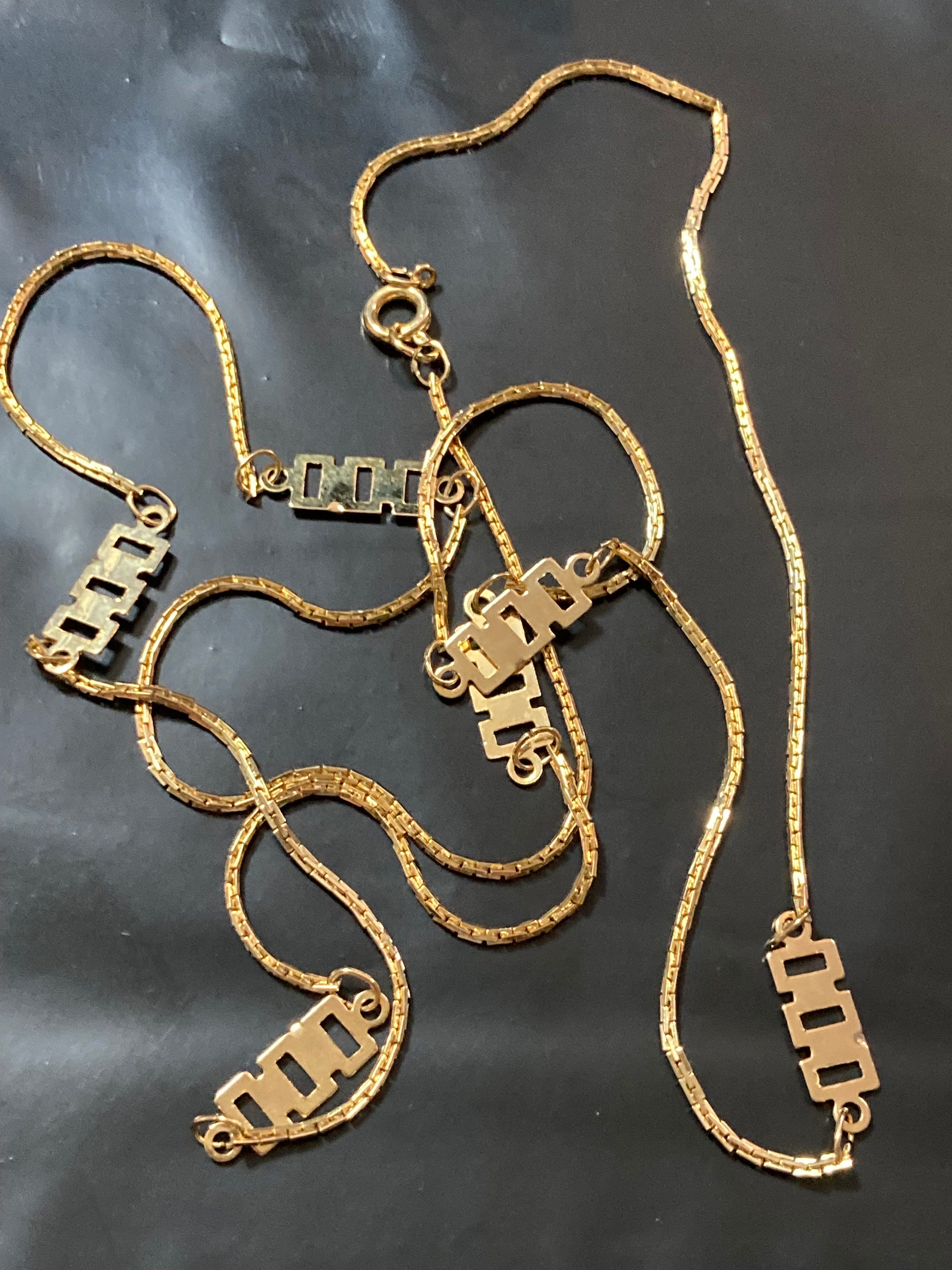 26” 86cm very long fine 1980s thick gold plated fancy link geometric station necklace for layering