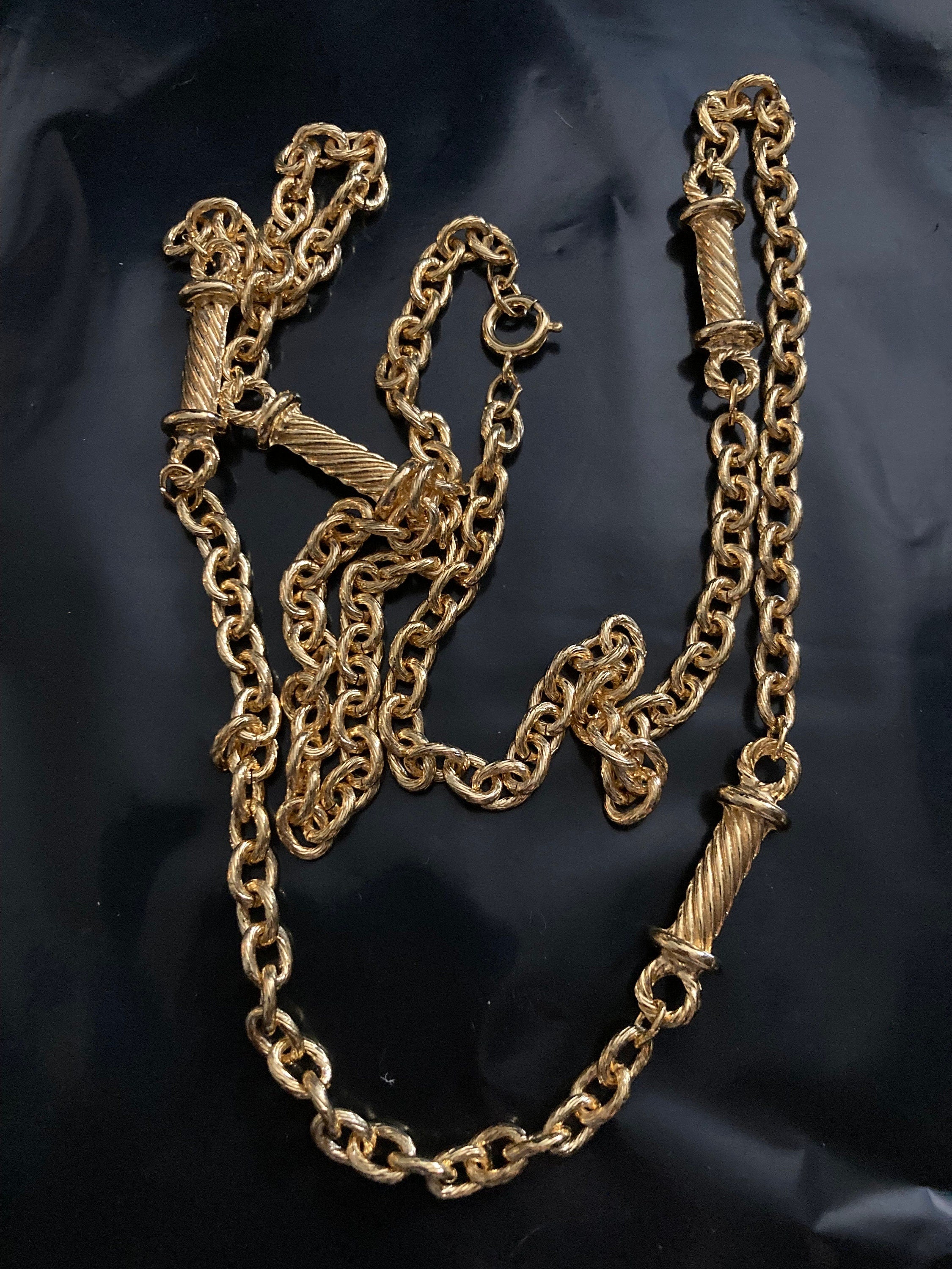 27” 90cm long 1980s thick gold plated nautical fancy link tube bar station necklace for layering