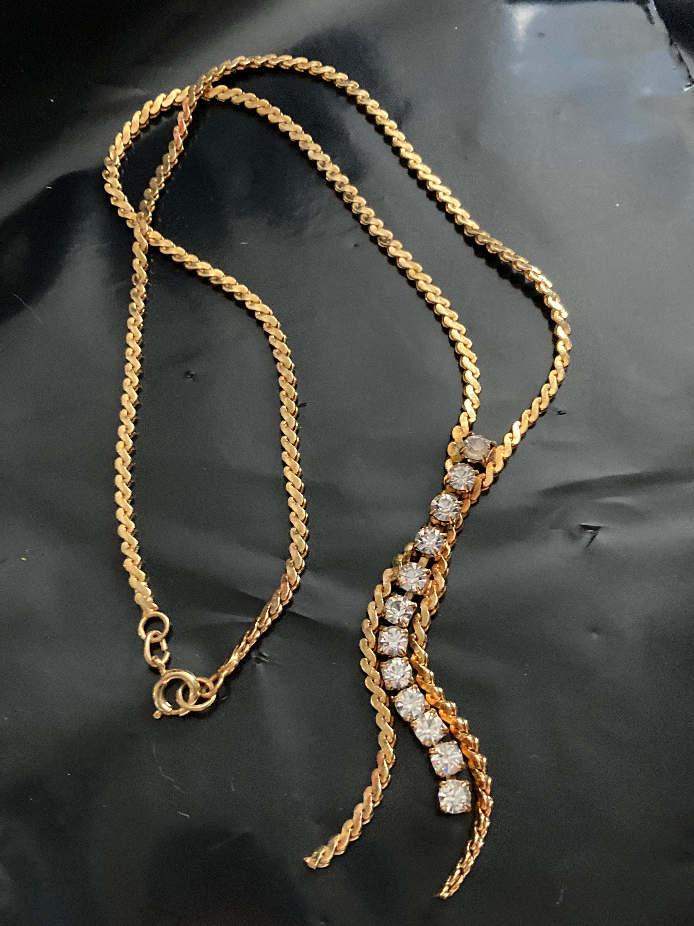 Vintage 1970s gold plated serpentine chain crystal drop necklace