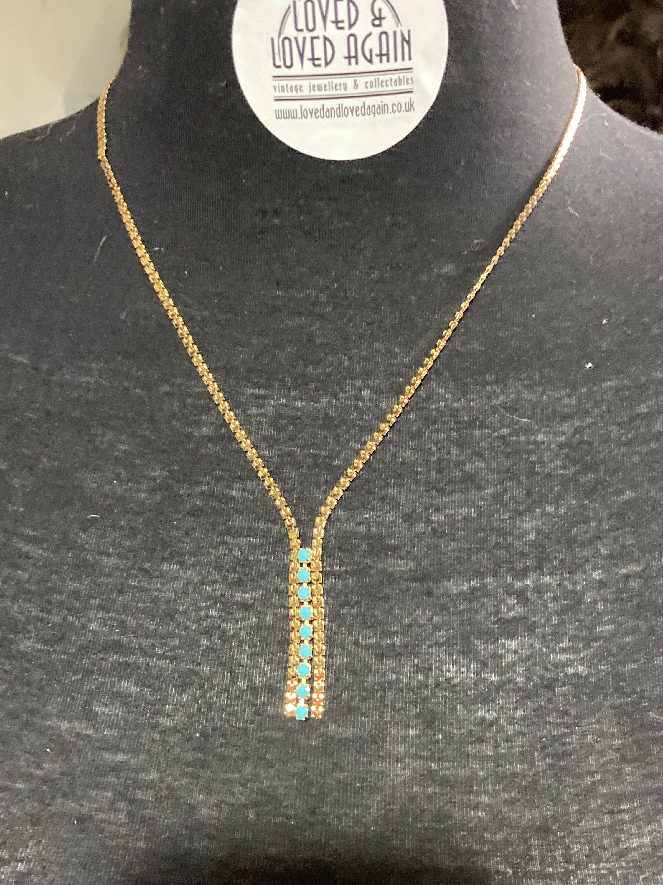 1970s Gold plated gold plated turquoise blue diamanté drop necklace vintage
