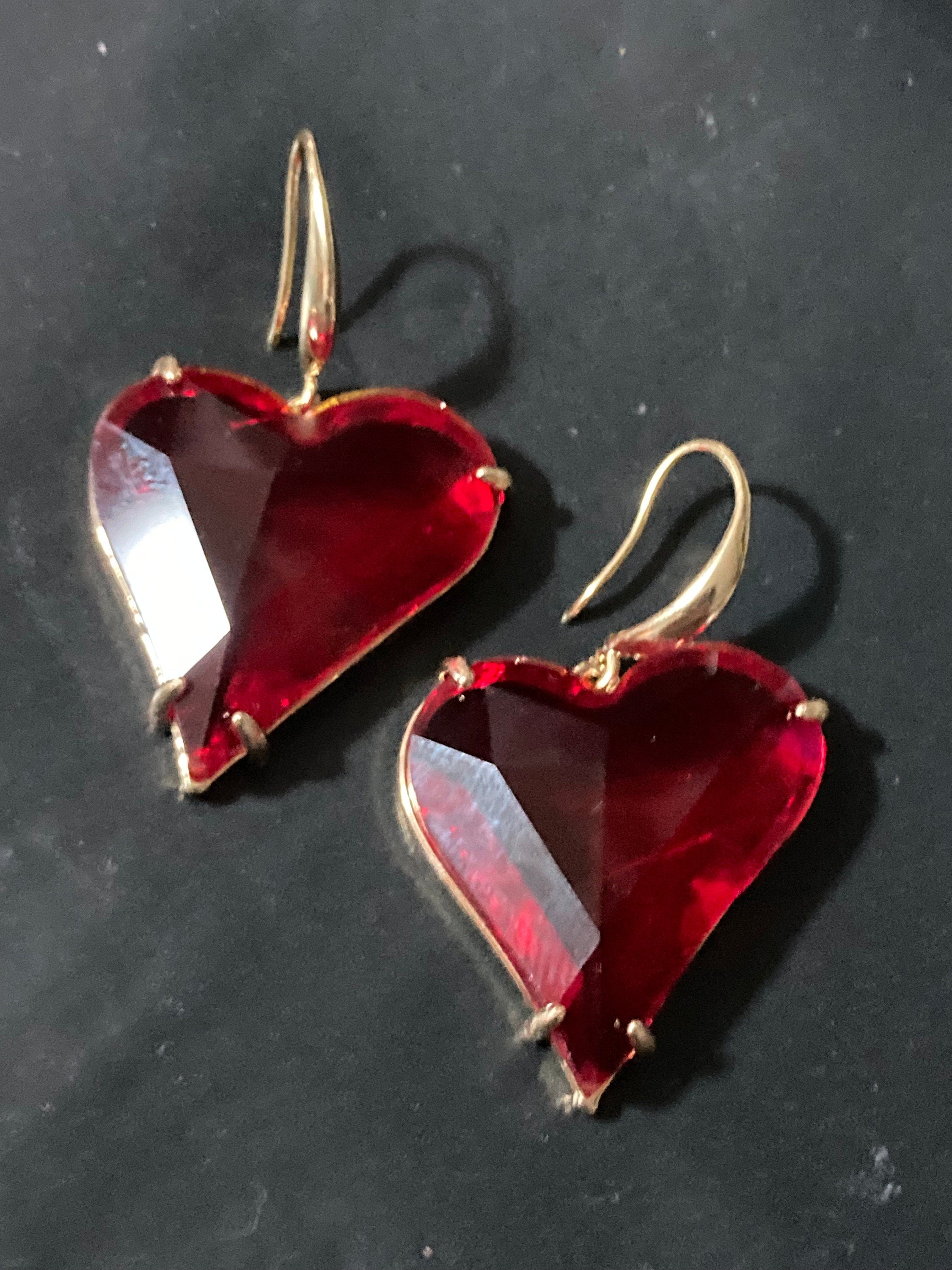 18k gold plated bright red valentines love heart crystal diamanté ornate crystal cabochon drop charm earrings