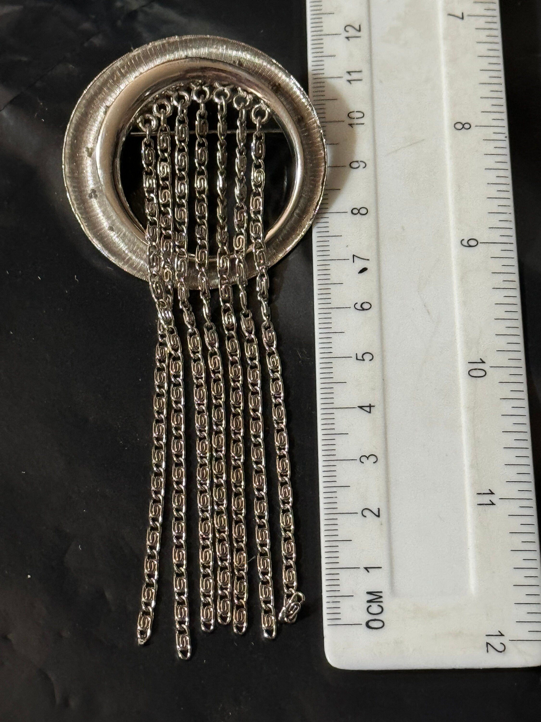 True vintage 1970s modernist large silver abstract chain link tassel brooch 11cm