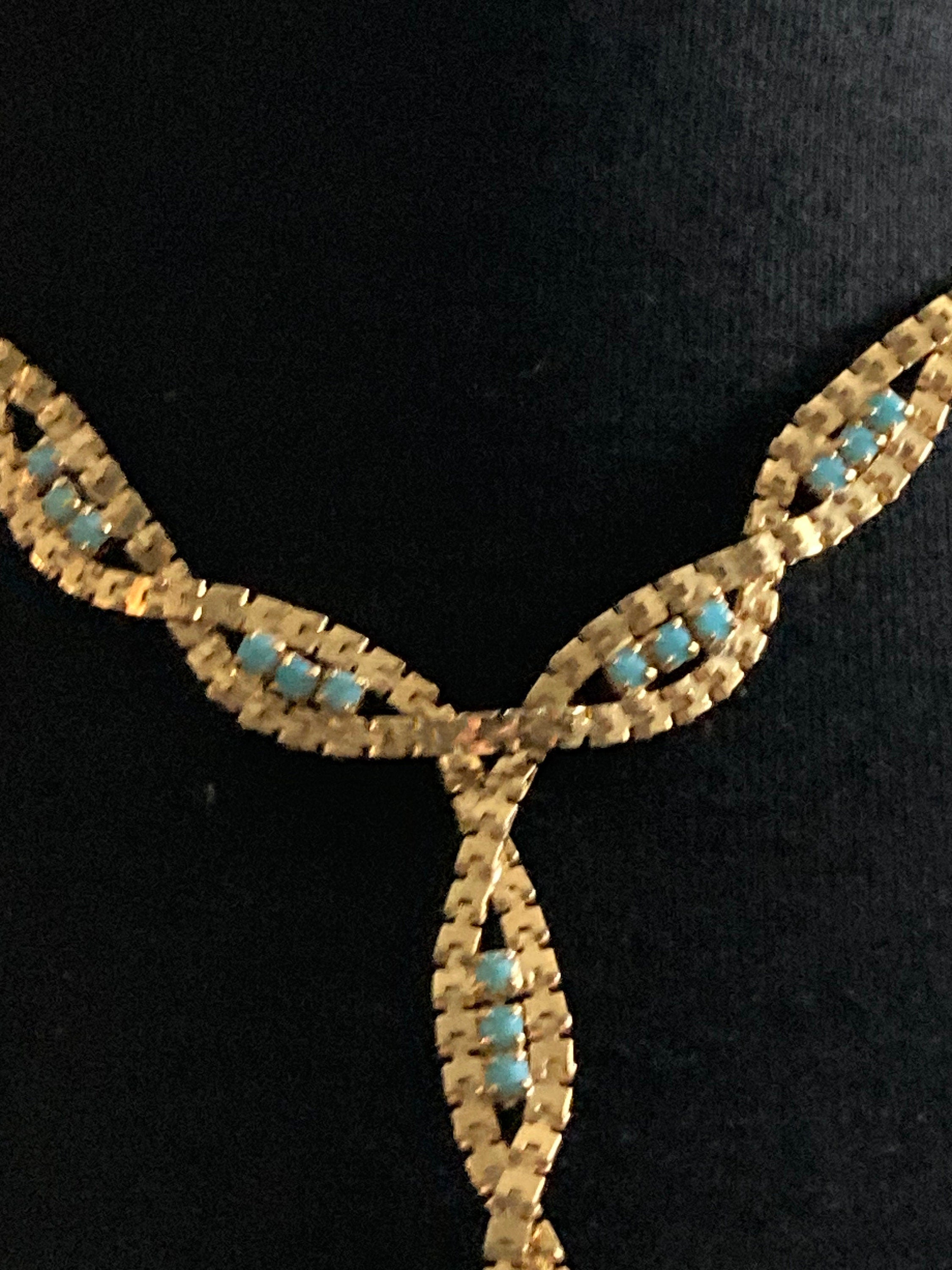 Vintage gold tone mesh lariat drop necklace with turquoise glass paste stones