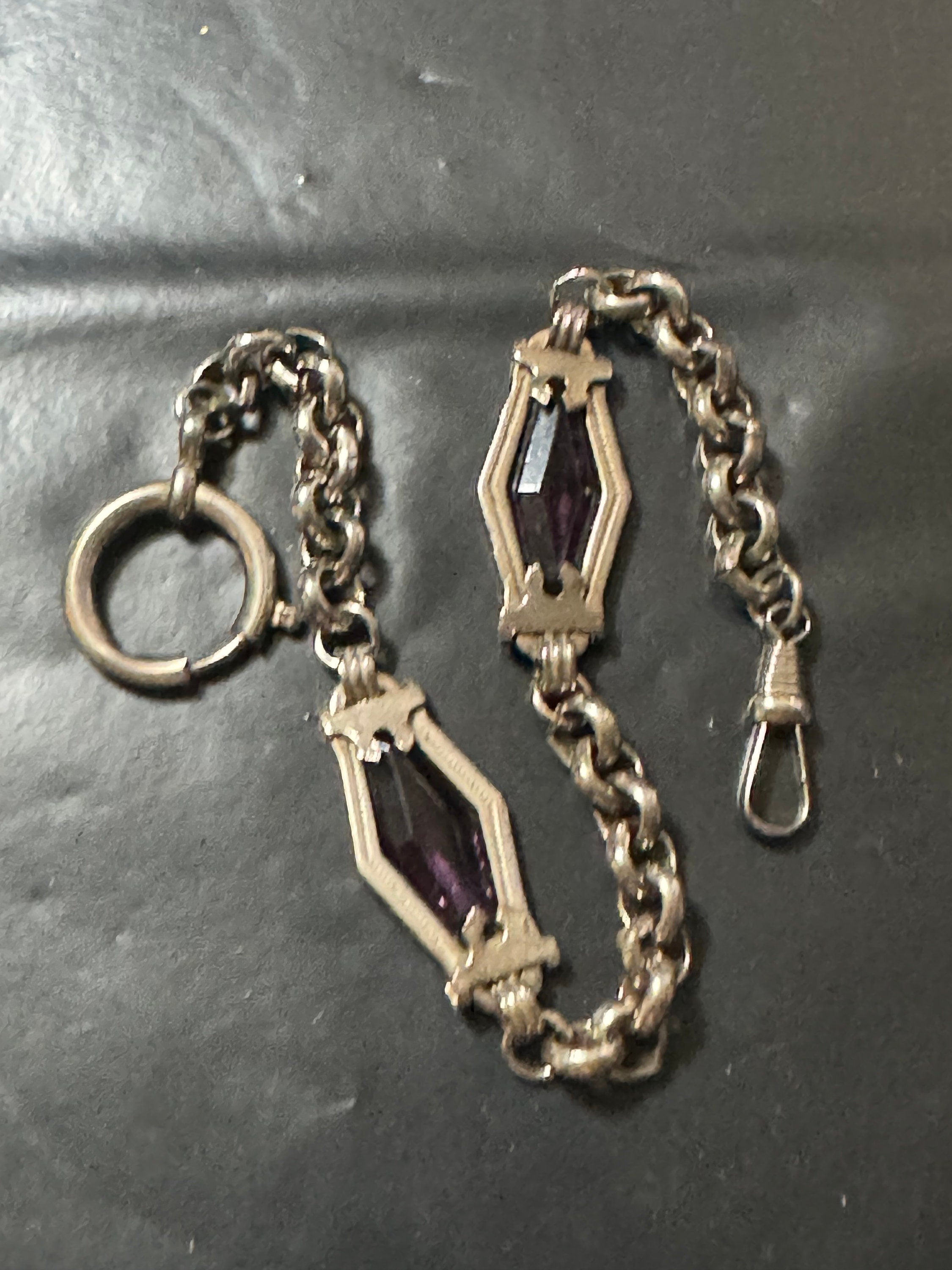 Antique Jakob Bengel deep purple glass art deco pocket watch chain 25cm chrome plated silver metal old shop stock Germany