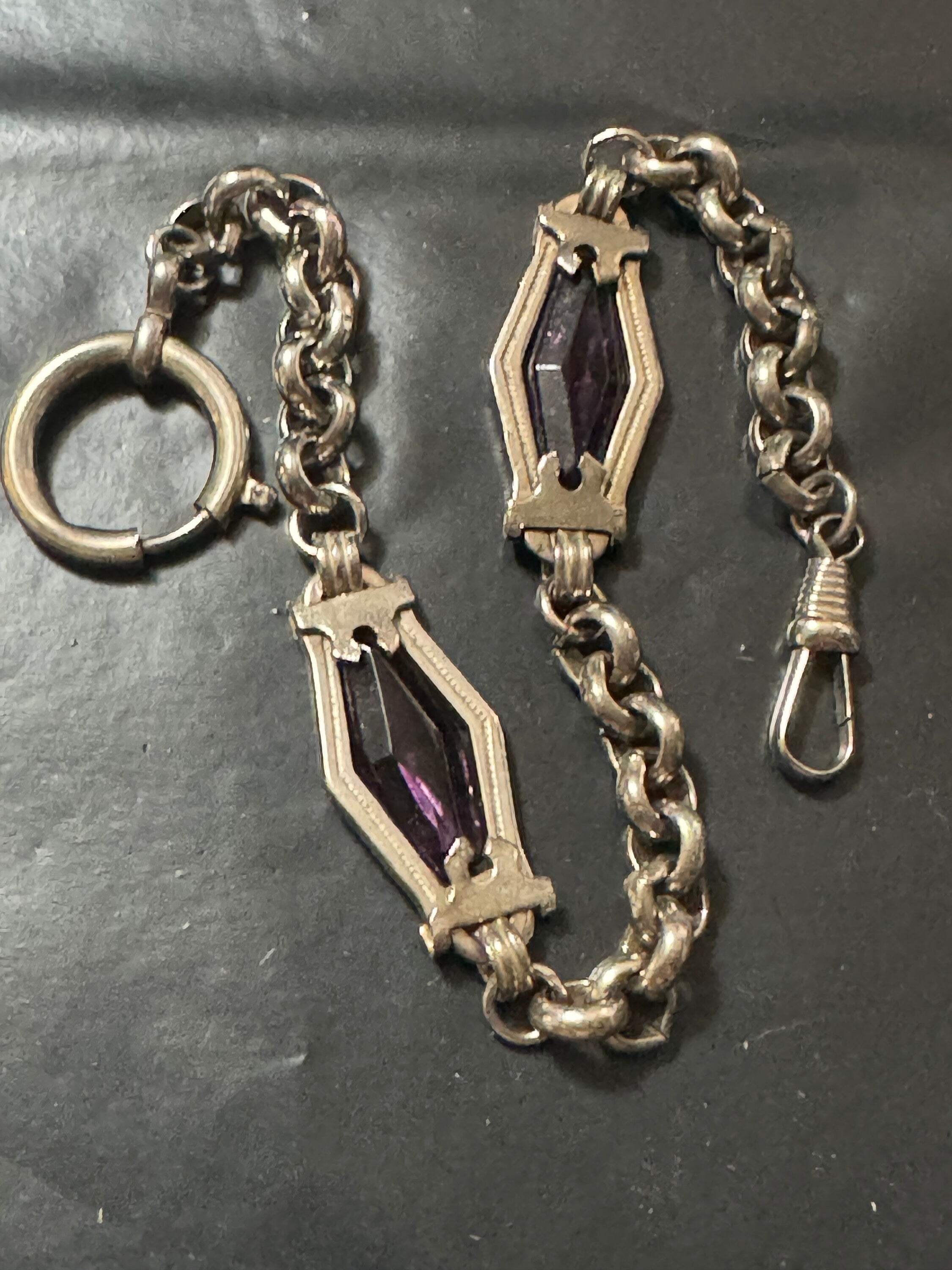 Antique Jakob Bengel deep purple glass art deco pocket watch chain 25cm chrome plated silver metal old shop stock Germany