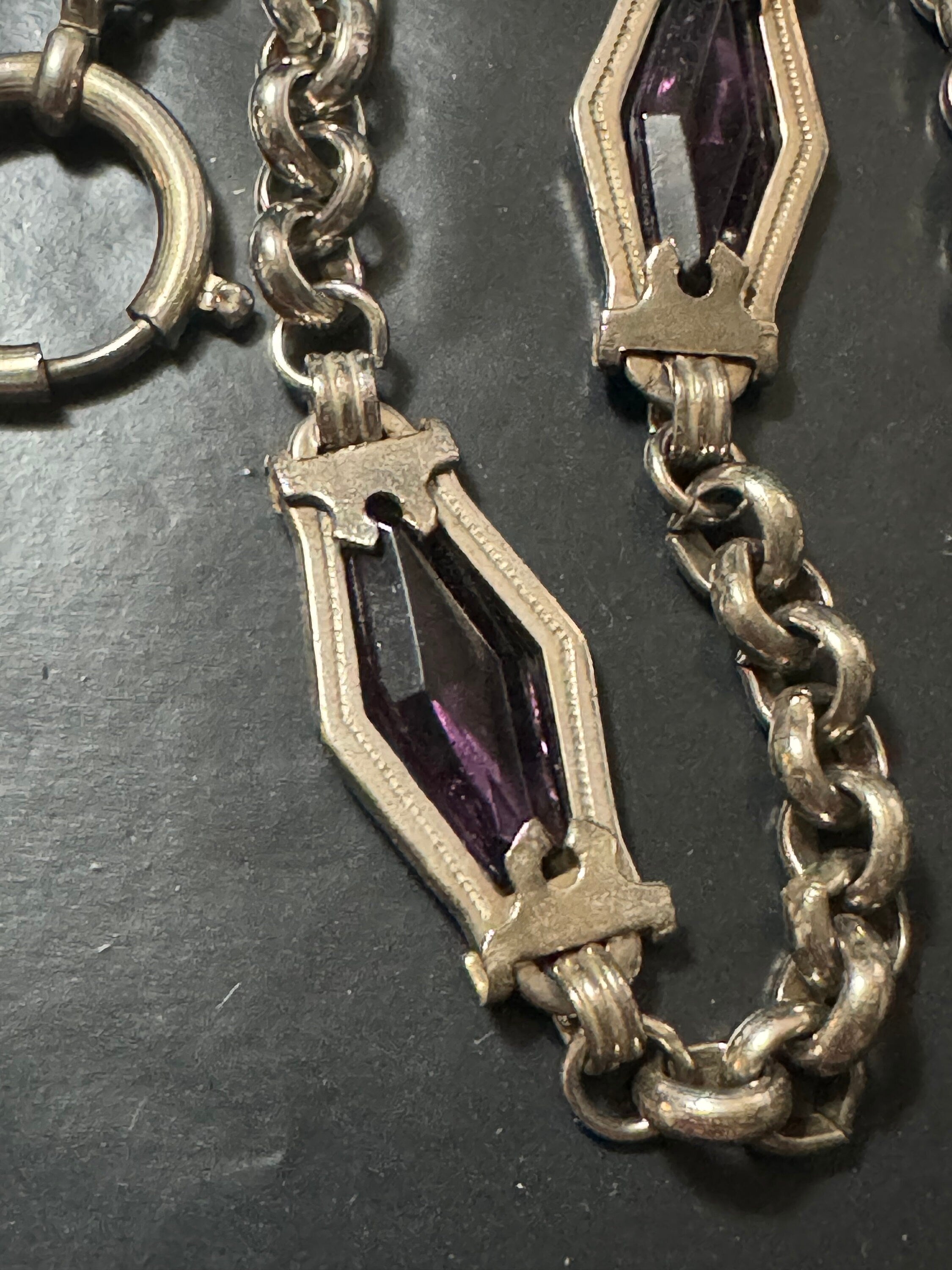 Antique Jakob Bengel deep purple glass art deco pocket watch chain 25cm chrome plated silver metal old shop stock Germany