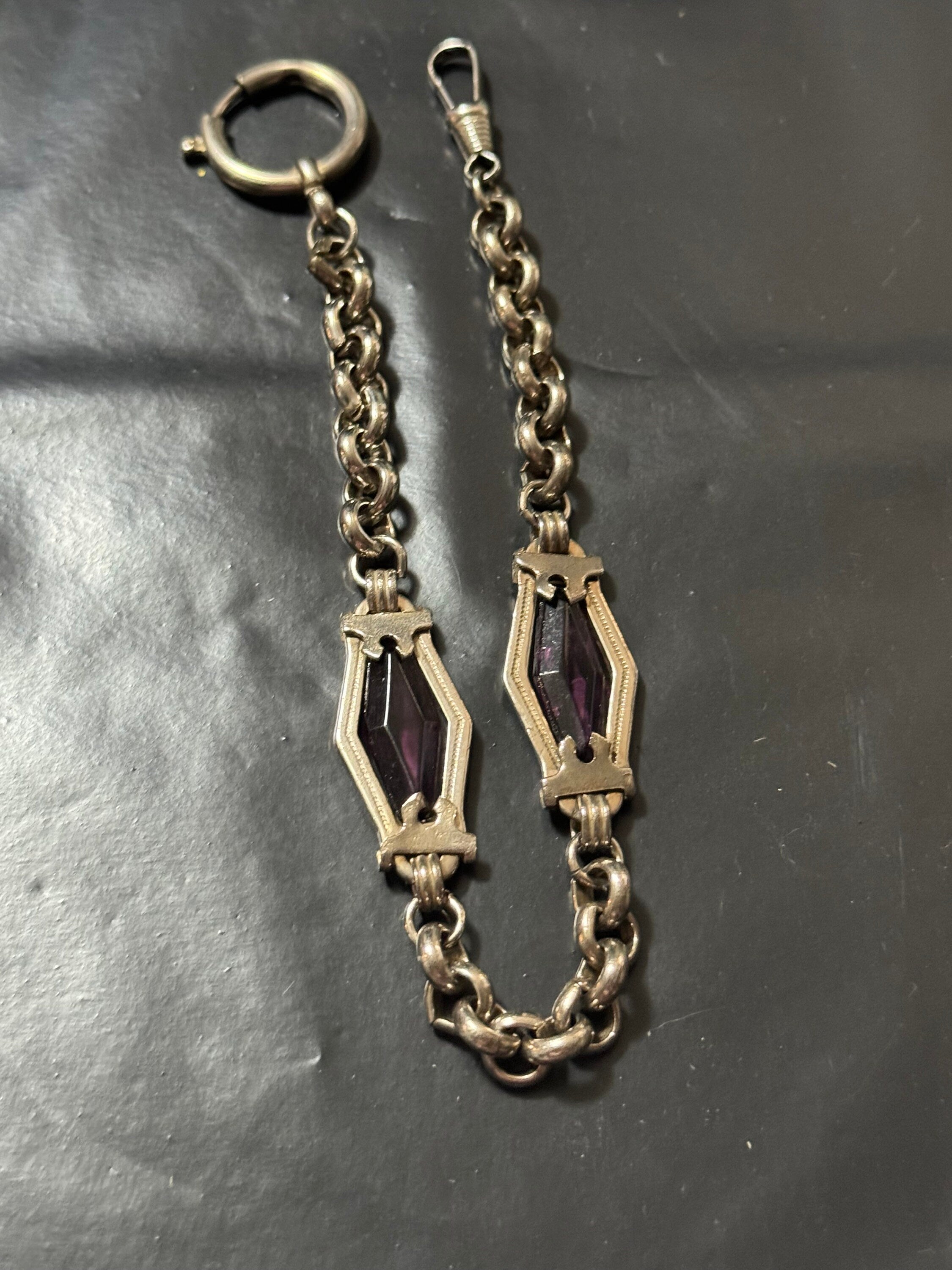 Antique Jakob Bengel deep purple glass art deco pocket watch chain 25cm chrome plated silver metal old shop stock Germany