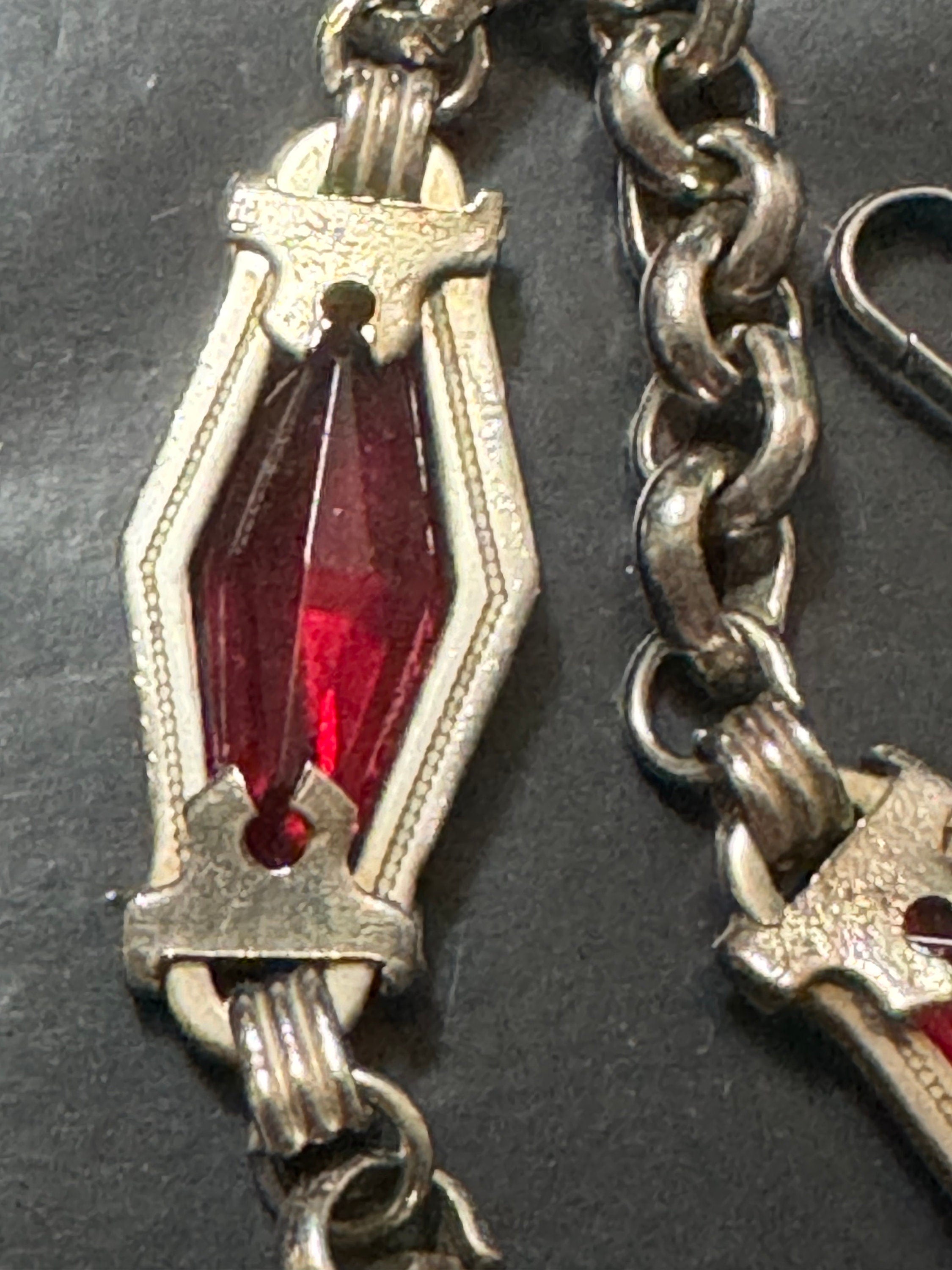 Antique Jakob Bengel ruby red glass art deco pocket watch chain 25cm chrome plated silver metal old shop stock Germany