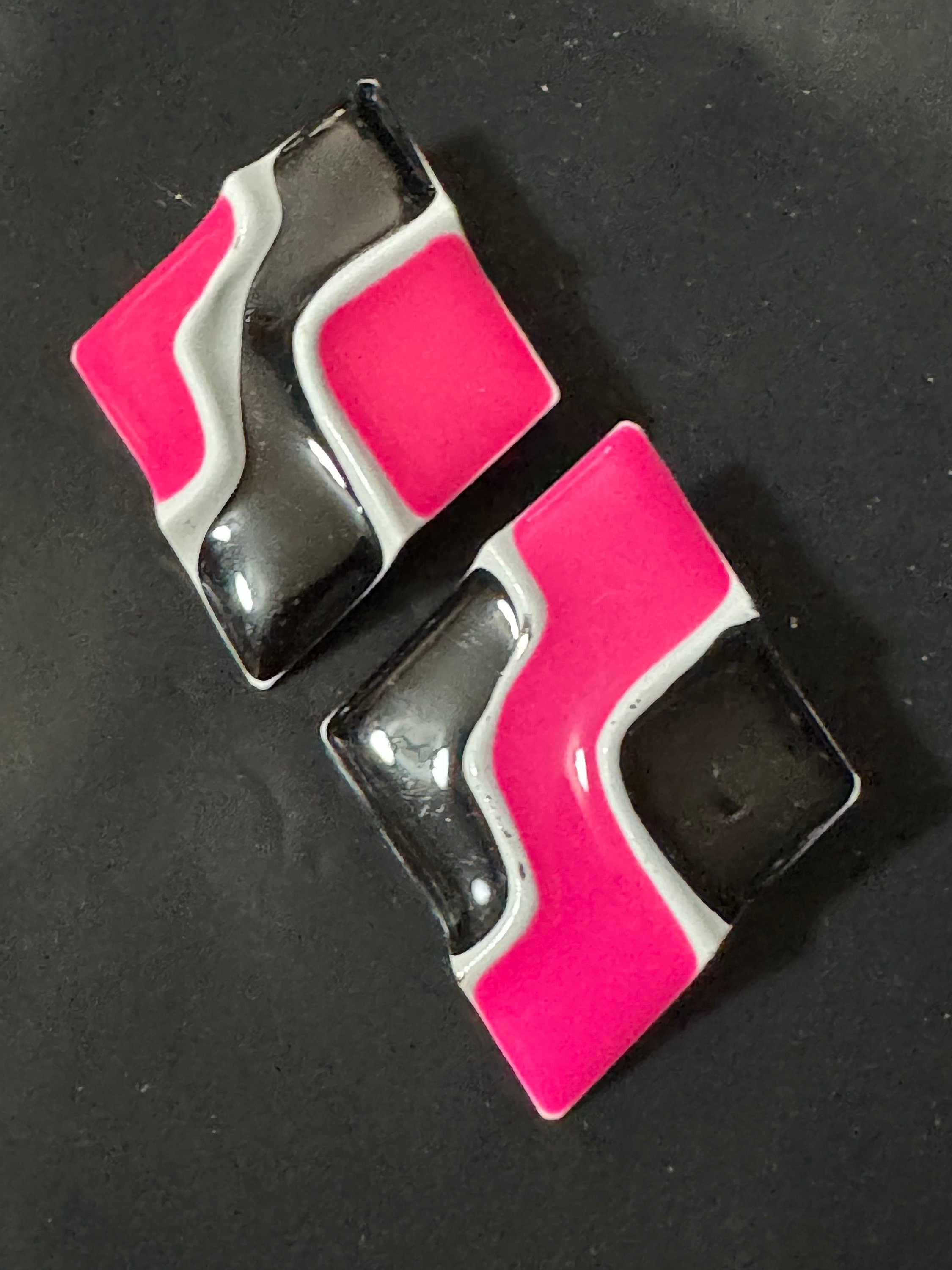 Vintage black Bright pink white enamel large diamond shaped oversized stud earrings for pierced ears old retro shop stock