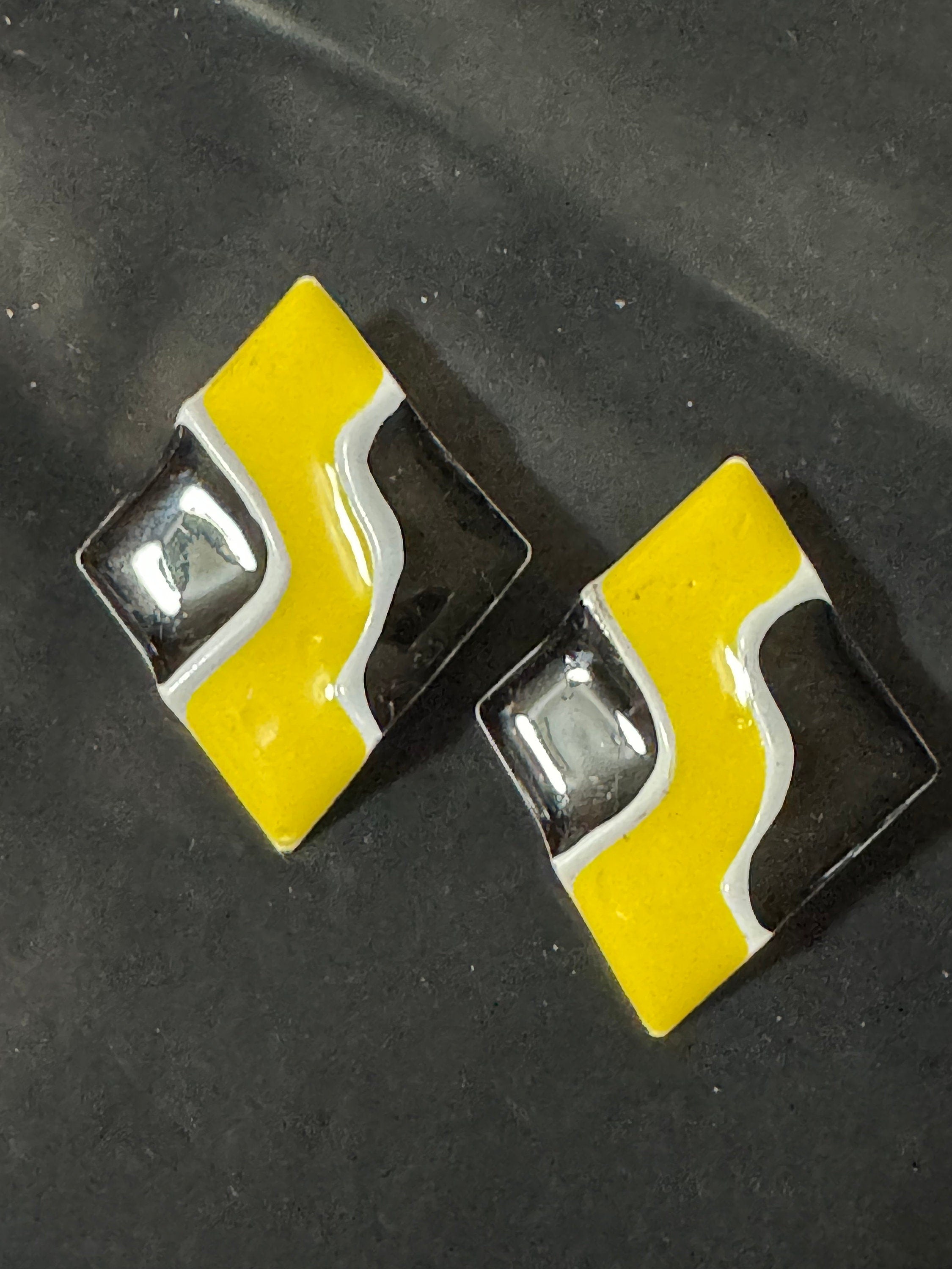 Vintage black Bright Yellow white enamel large diamond shaped oversized stud earrings for pierced ears old retro shop stock