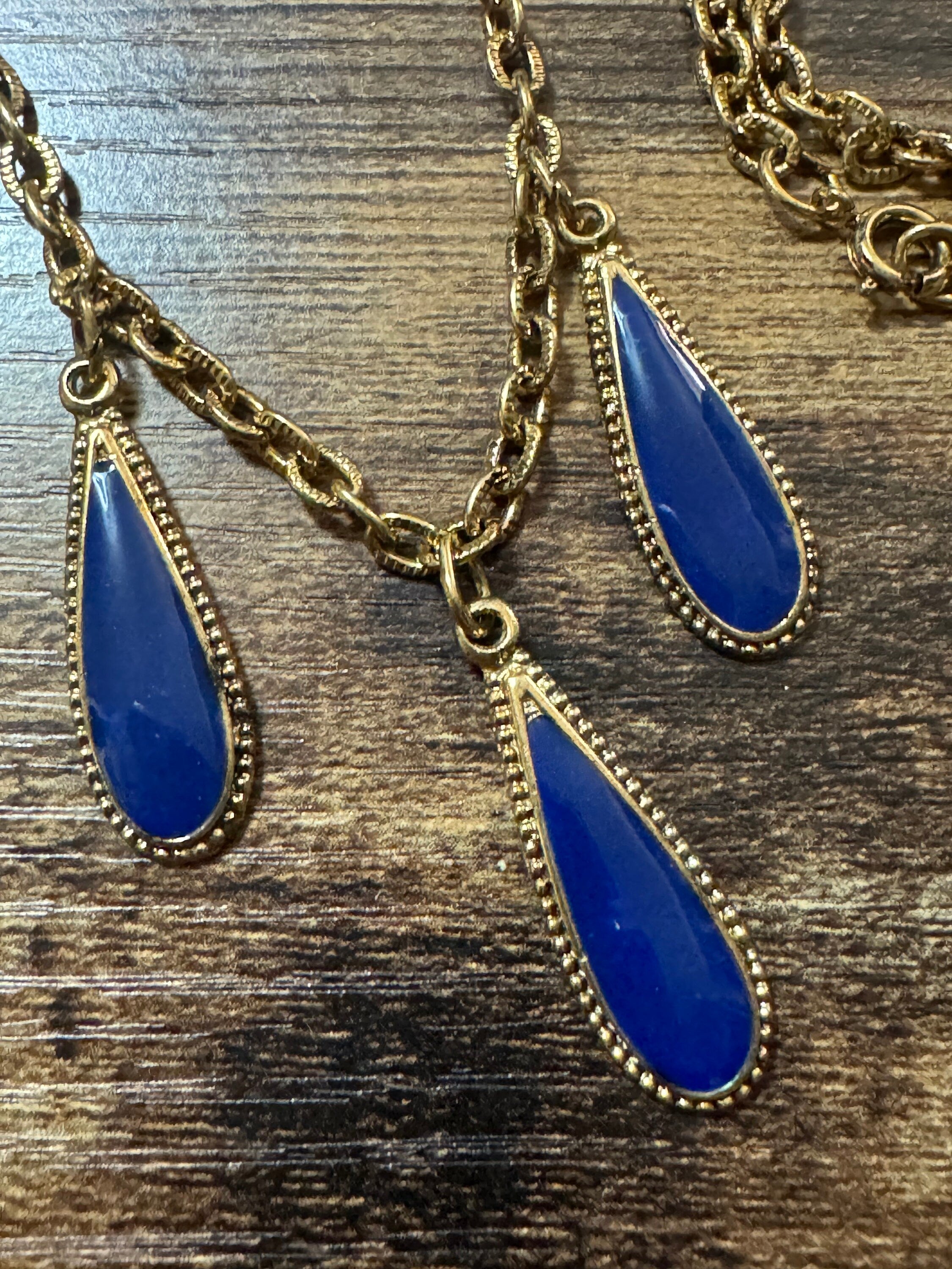 vintage blue enamel teardrop gold tone necklace