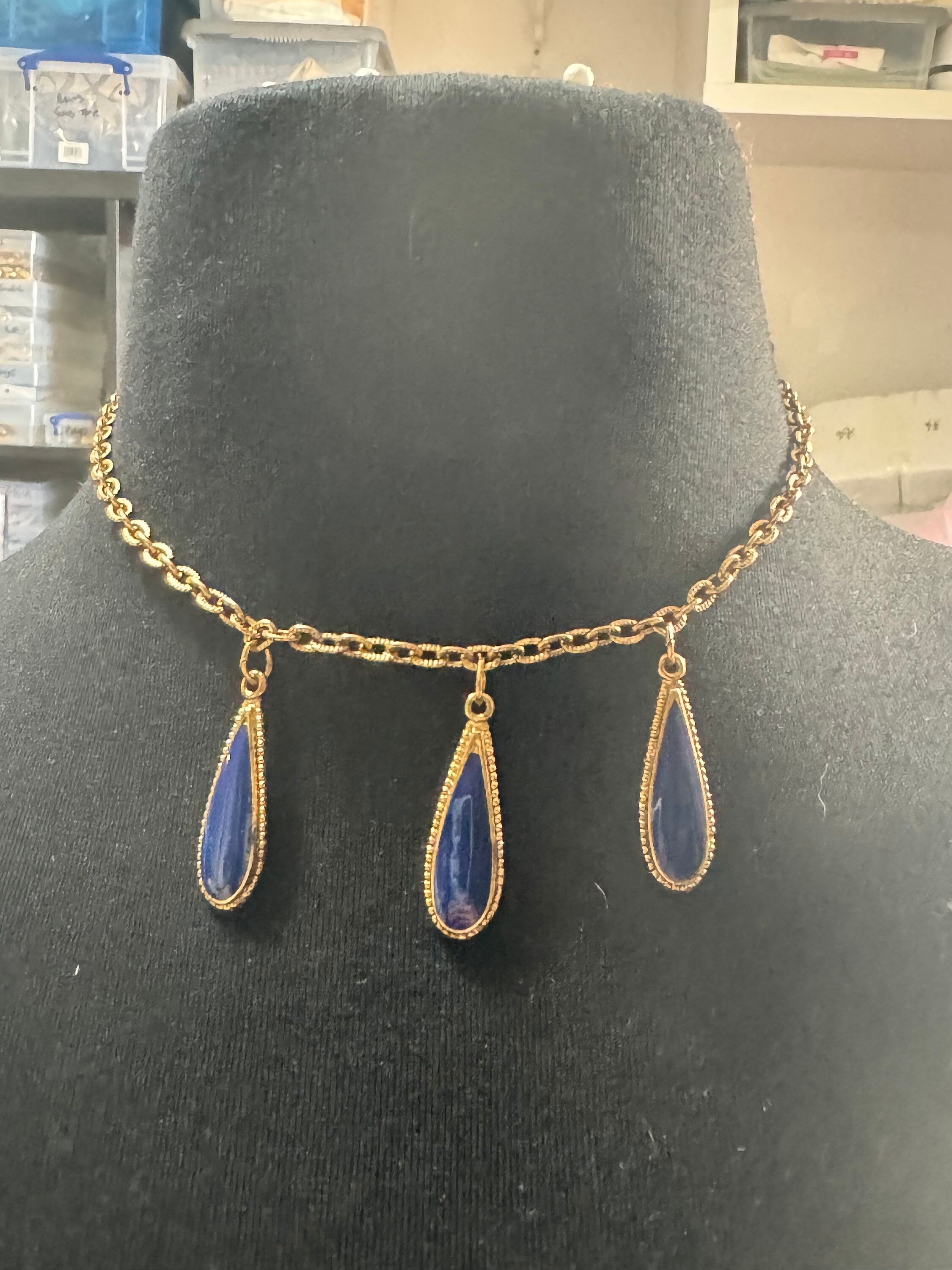 vintage blue enamel teardrop gold tone necklace