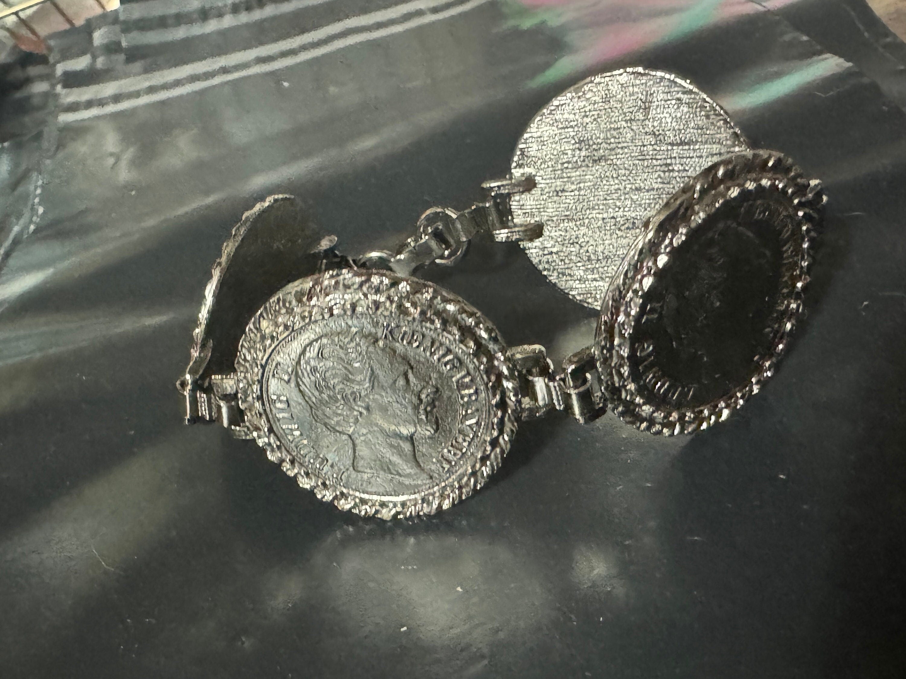 vintage chunky oversized silver tone coin bracelet 19.5cm old shop stock unused